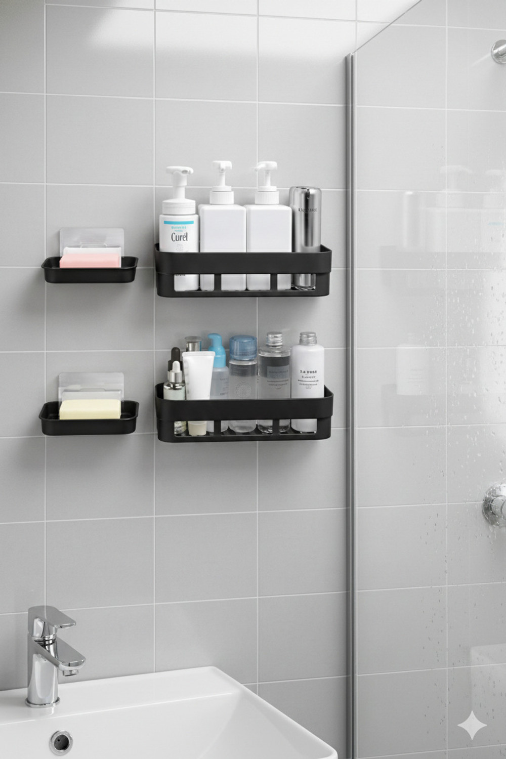 Image of QXORE No-Drill Shelf & Accessories Set with 2 Storage Racks and 2 Soap Dishes Plastic Wall Shelf