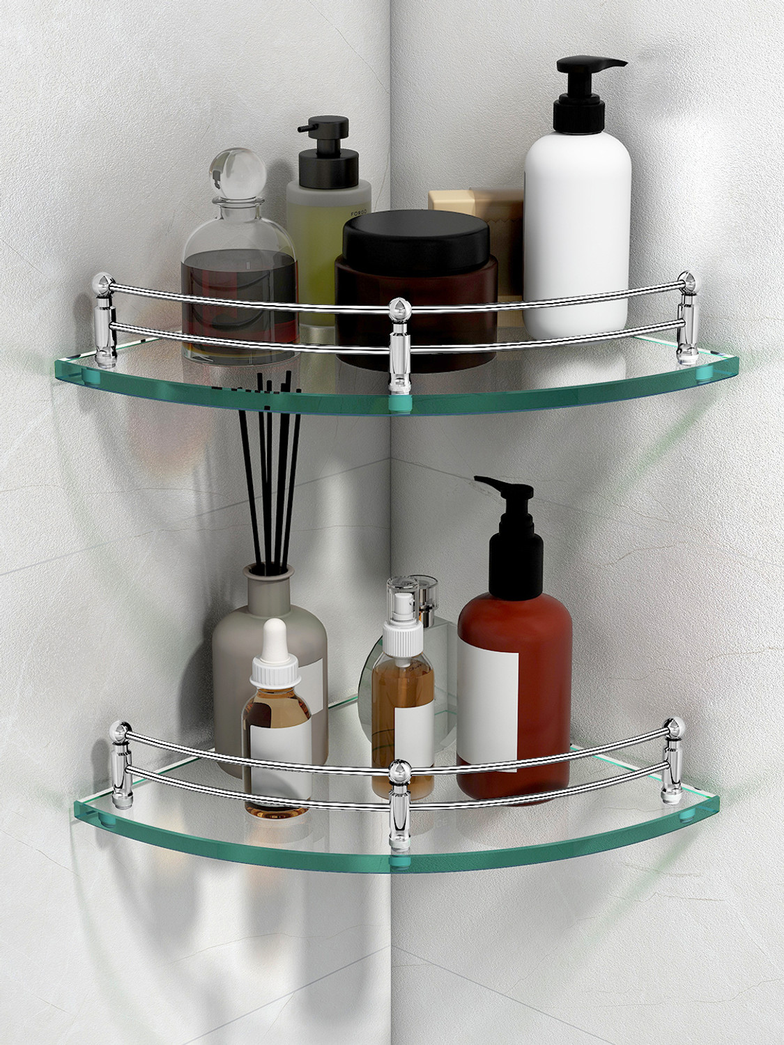 Image of Plantex Glass Corner /Bathroom Shelf /Kitchen Shelf - 9 X 9 Inches - Wall Mount (Pack of 2,Transparent) Glass Wall Shelf