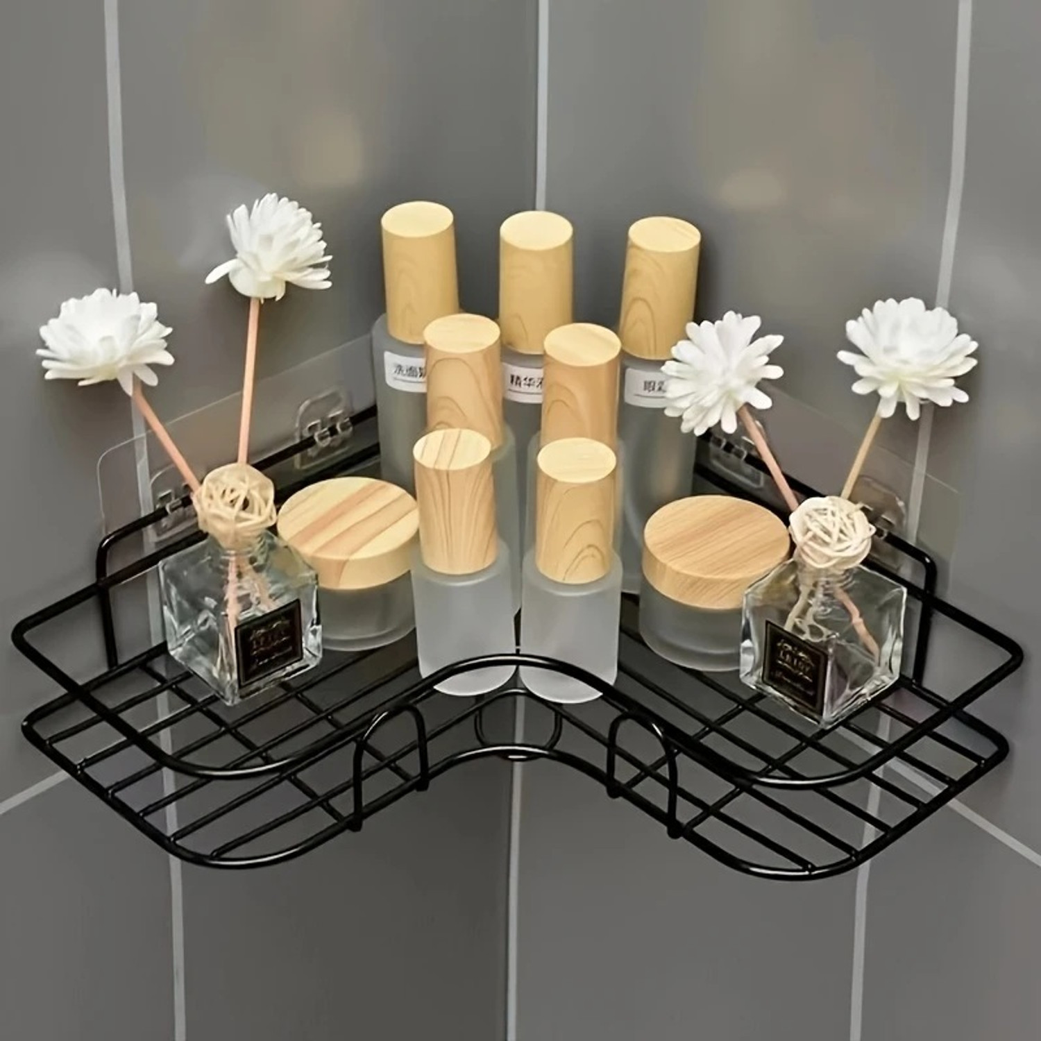 Image of KYMIO Premium Black Corner Shelf for Bathroom Storage - Rustproof & Space-Saving Aluminium Wall Shelf (Number of Shelves - 1, Black)