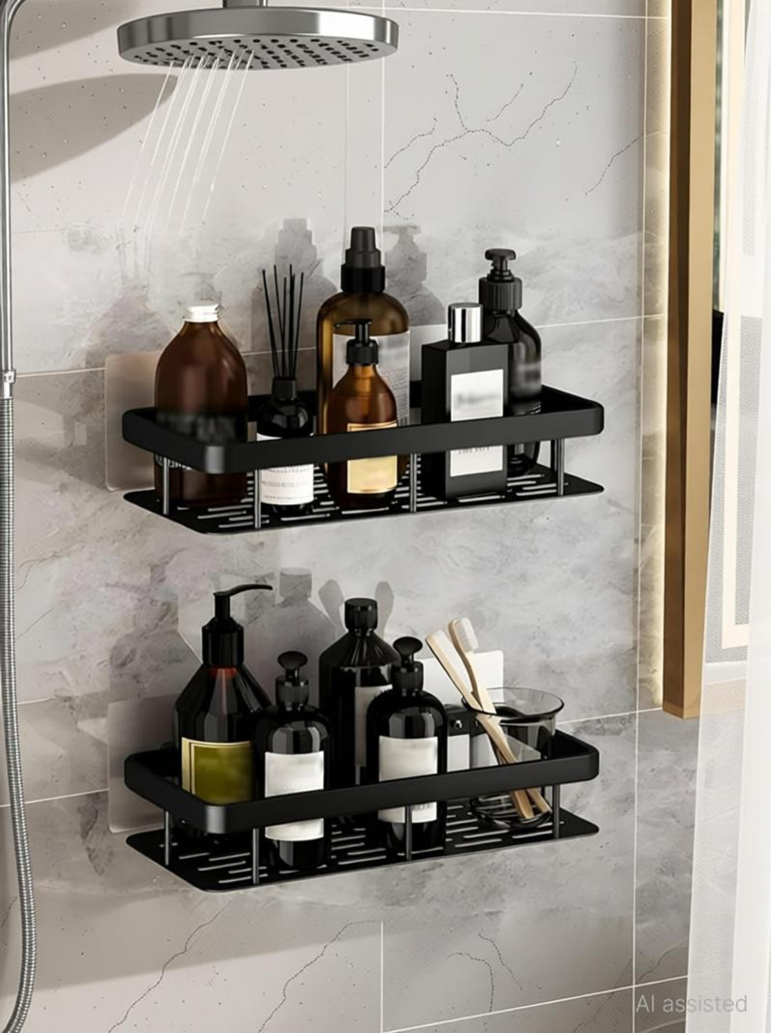 Image of Finner Wall Mounted Bathroom Shelf Rack - No Drill Adhesive Storage Organizer Plastic Wall Shelf