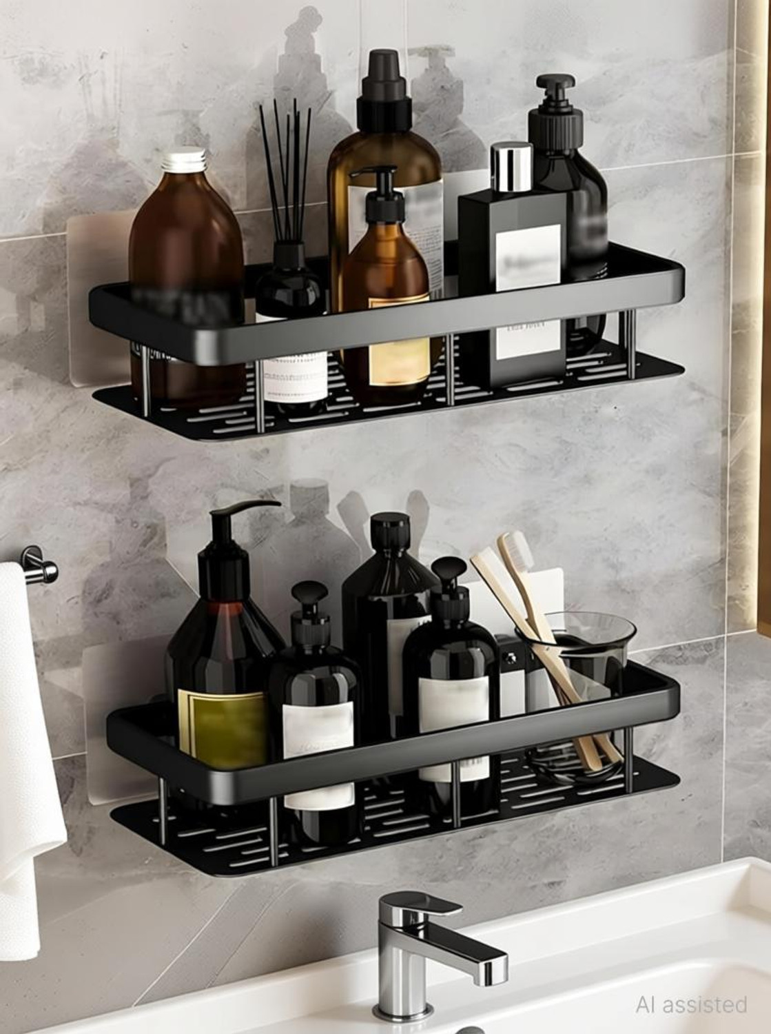 Image of Finner Wall Mounted Bathroom Shelf Rack - No Drill Adhesive Storage Organizer Plastic Wall Shelf