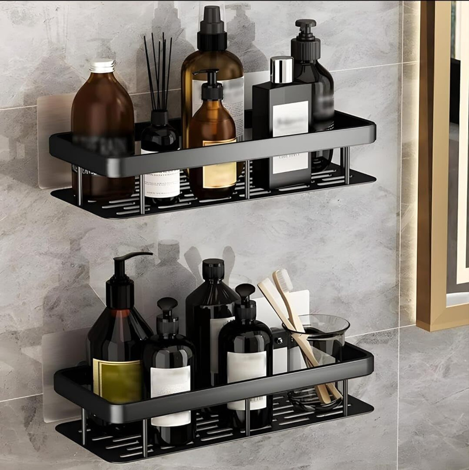 Image of Finner Wall Mounted Bathroom Shelf Rack - No Drill Adhesive Storage Organizer Plastic Wall Shelf