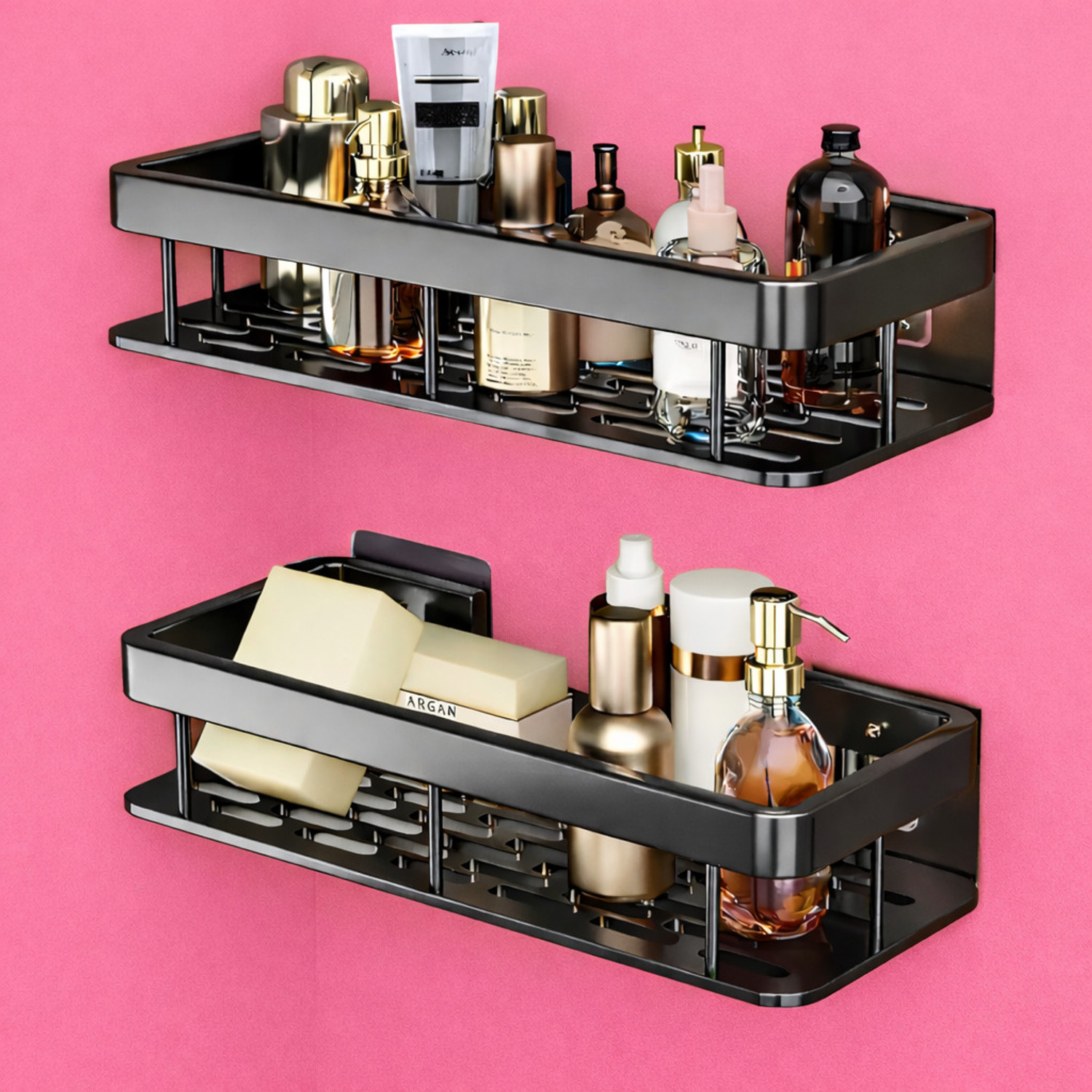 Image of Helteko Self Adhesive Wall Mounted Organizer Shelf, Multipurpose Shower Storage Stand Aluminium Wall Shelf (Number of Shelves - 2, Black)