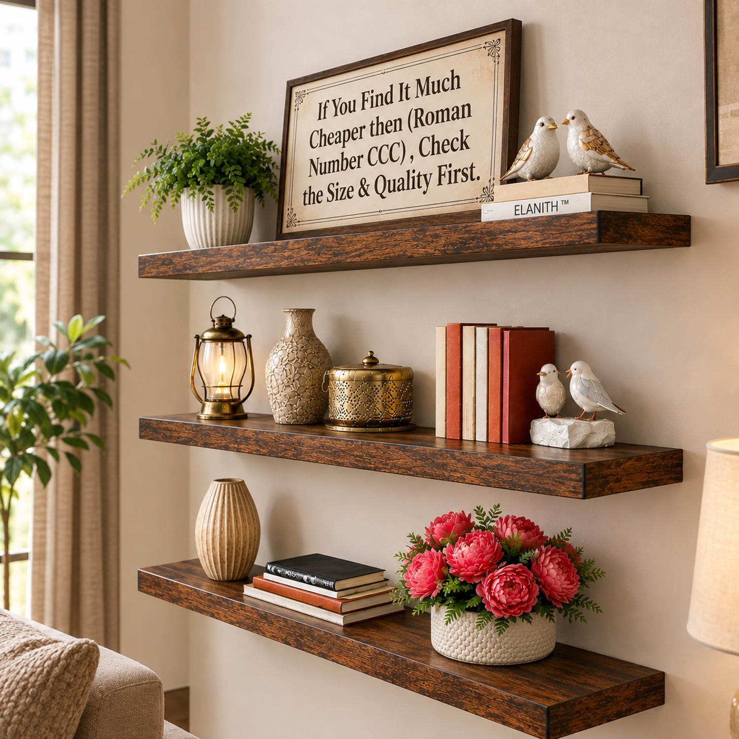 Image of ELANITH Standard size , Super Natural Modern Floating Wall Shelves Set of 3 - Brown Wooden Wall Shelf