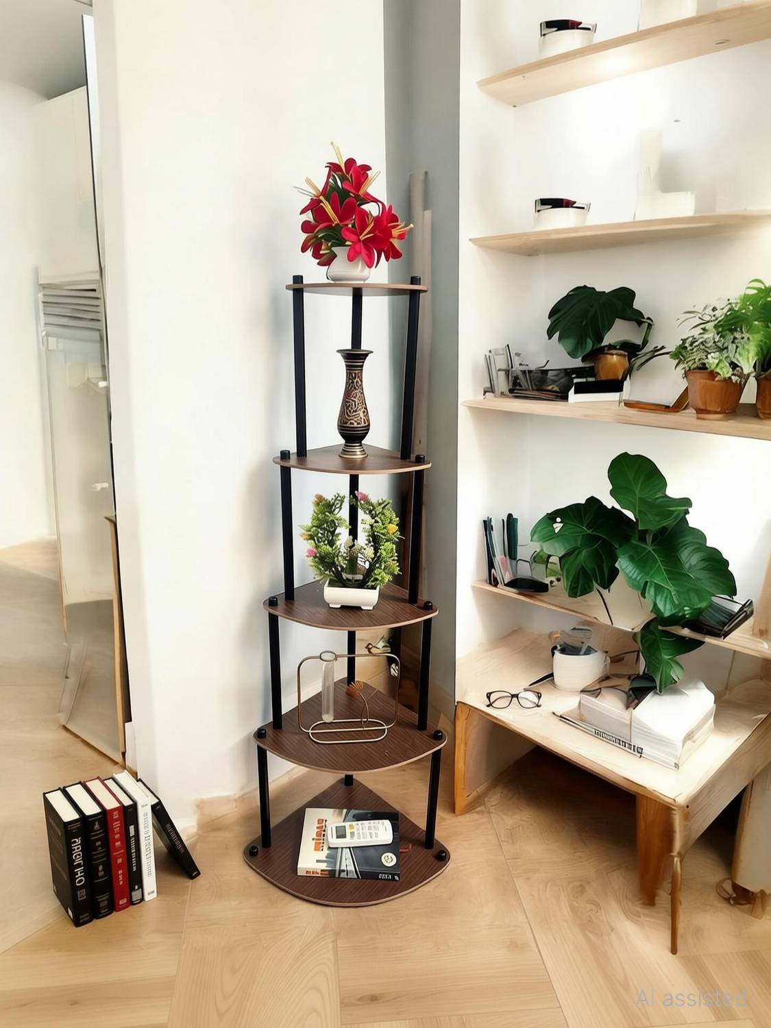 BRIGHTOLO Premium Designer Big To Small 5 Corner Rack Shelf Wooden, Iron Wall Shelf