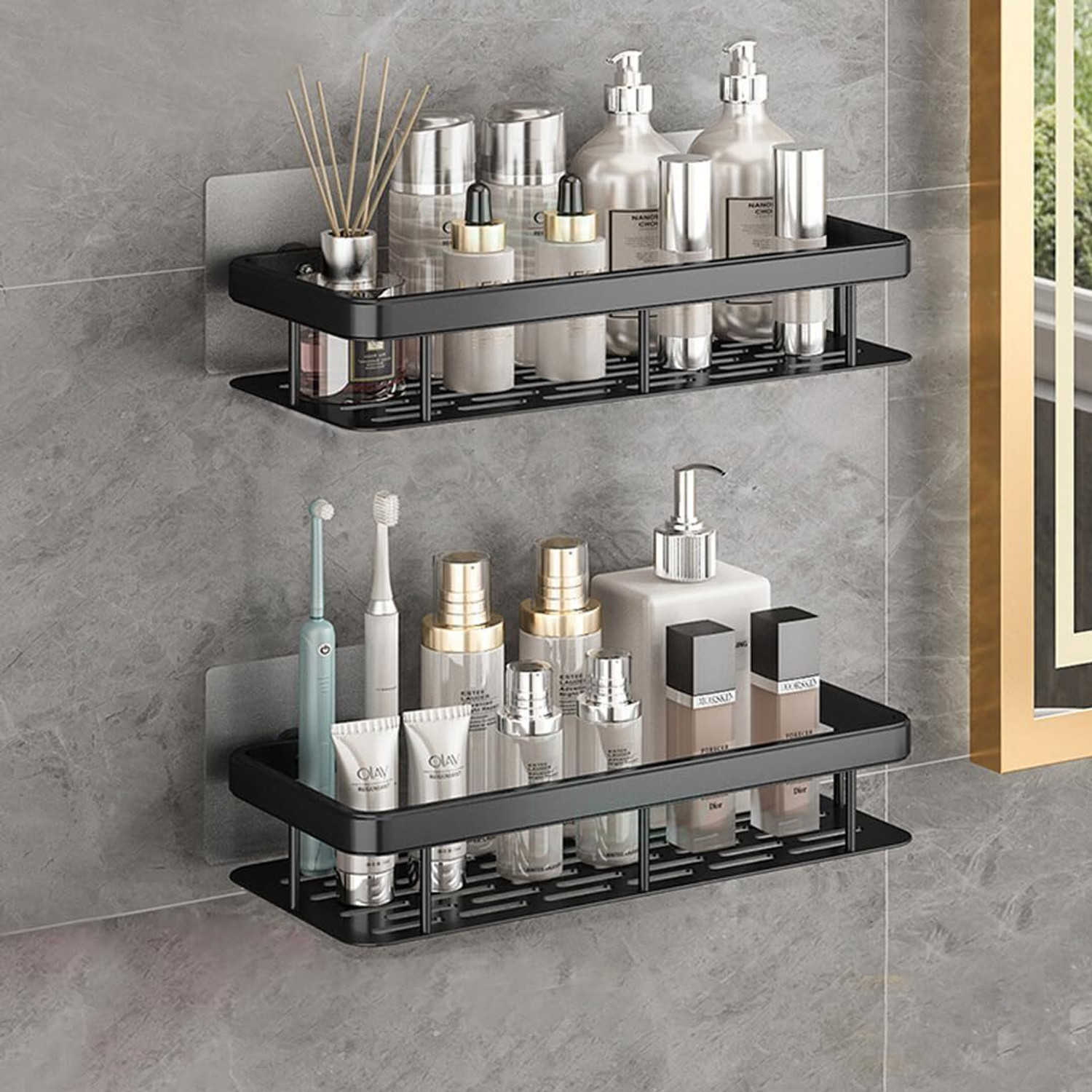 Image of AKOOPAR GLOBAL Bathroom Wall Shelf Organizer 30cm Black Adhesive Storage Rack with Kit (2 Pc) Plastic Wall Shelf
