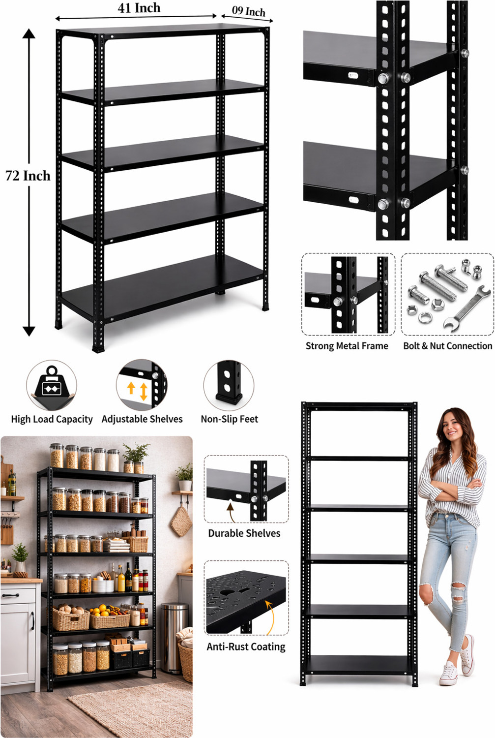 Image of FIDVI Premium Iron Storage Rack 6 Shelf Shop Home Kitchen PowderCoated 09 inchx41 inchx72 inch Luggage Rack