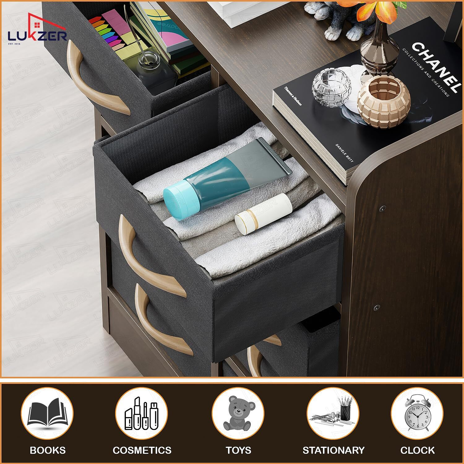 Image of LUKZER 8 Drawer Storage Organizer Cabinet with Fabric Bins (MR-028) Engineered Wood Close Book Shelf