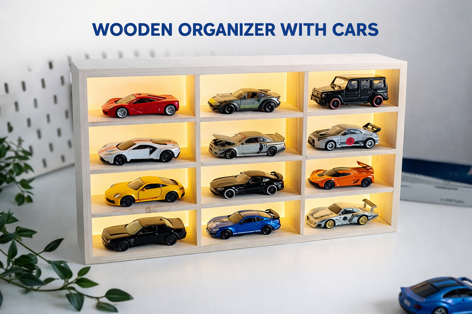 Image of Fancy Things Wooden Diecast Car Organizer 12 Slot - Hot Wheels Display Case Storage Rack Wooden Wall Shelf