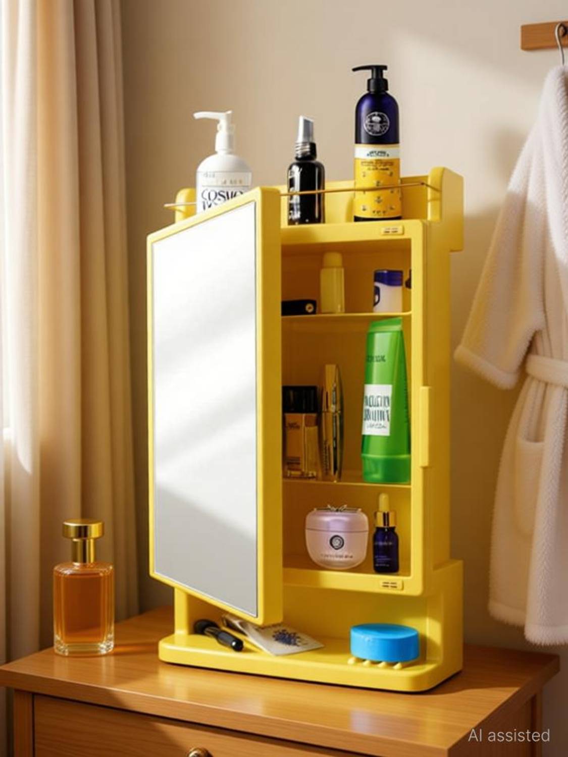 Branco | Mirror Cabinet | Storage | Bathroom Organizer | Golden | Plastic, Glass Wall Shelf