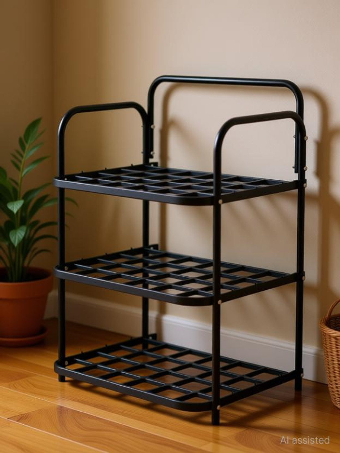Image of KEVRIZ Plastic, Metal Collapsible Shoe Stand Plastic Wall Shelf (Number of Shelves - 3, Black)