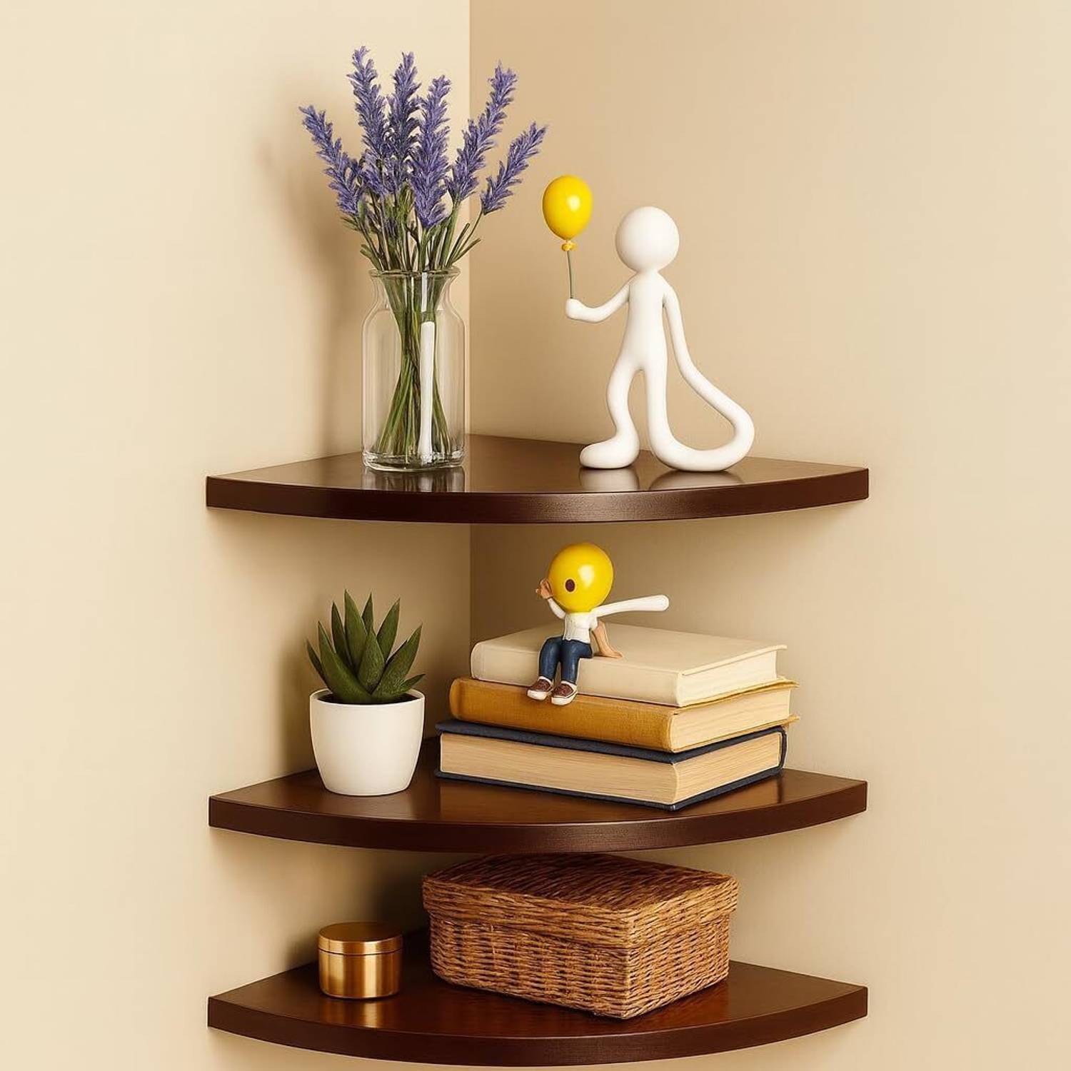 Deco hub Wooden Floating Corner Shelf 3 Tier Wall Mounted Stora