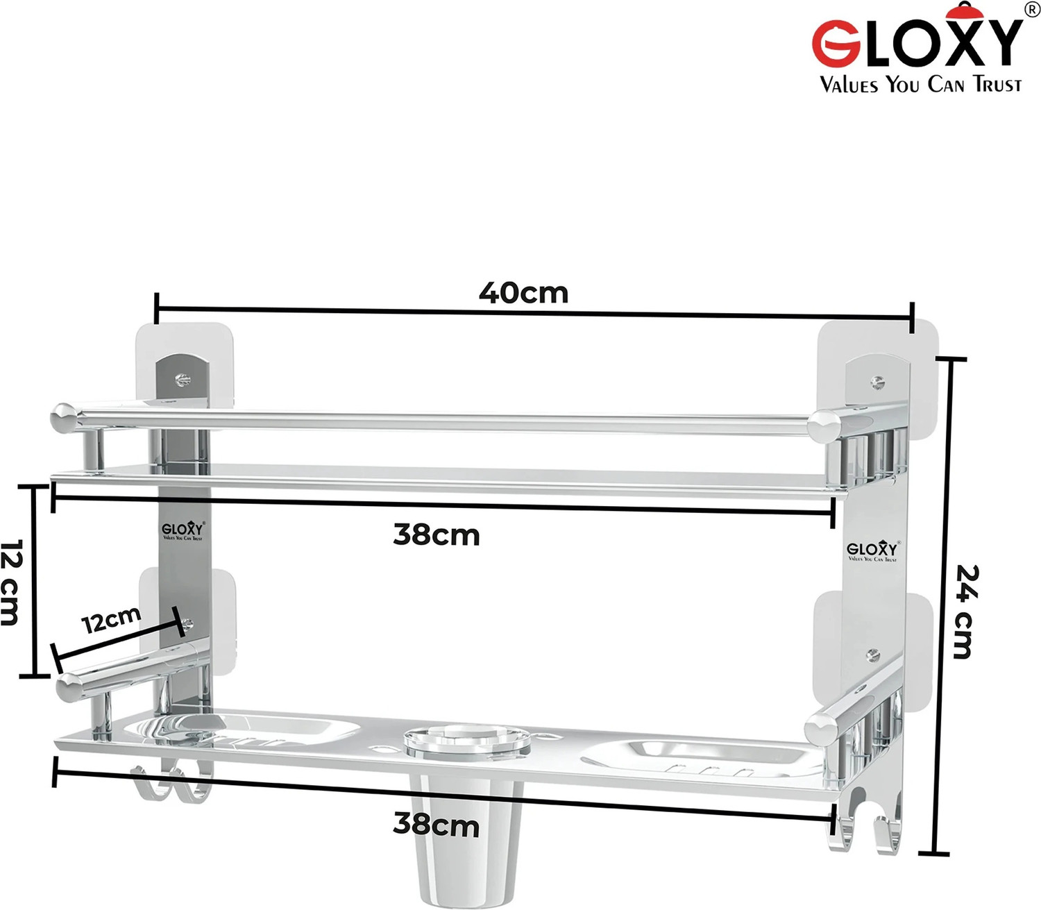 Image of GLOXY 4 in 1 Adhesive Stickers Bathroom Shelf with Soap Dish & Toothbrush Holder Stainless Steel Wall Shelf