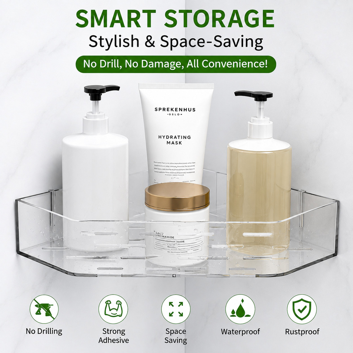 Image of ESSPY No-Drill Triangle Corner Shelf , Wall-Mounted Plastic Storage Organization Plastic Wall Shelf