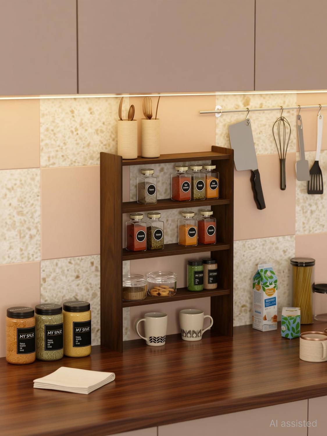 BLUEWUD Yobeo 4 Tier Engineering Wood Spice Masala Organizer/Spice Bottle & Cup Stand Particle Board Wall Shelf