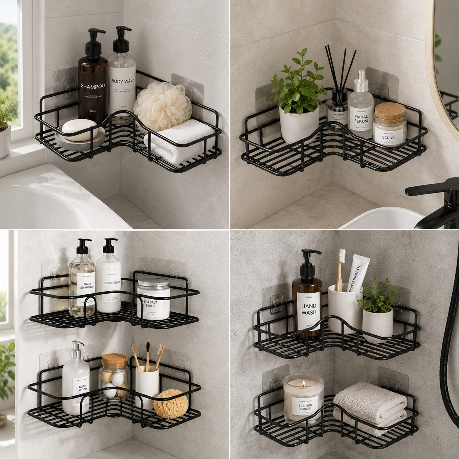 Image of Welkin Self-Adhesive Shelf /Storage Organizer for Bathroom and Kitchen Corner PACK OF 2 Iron Wall Shelf