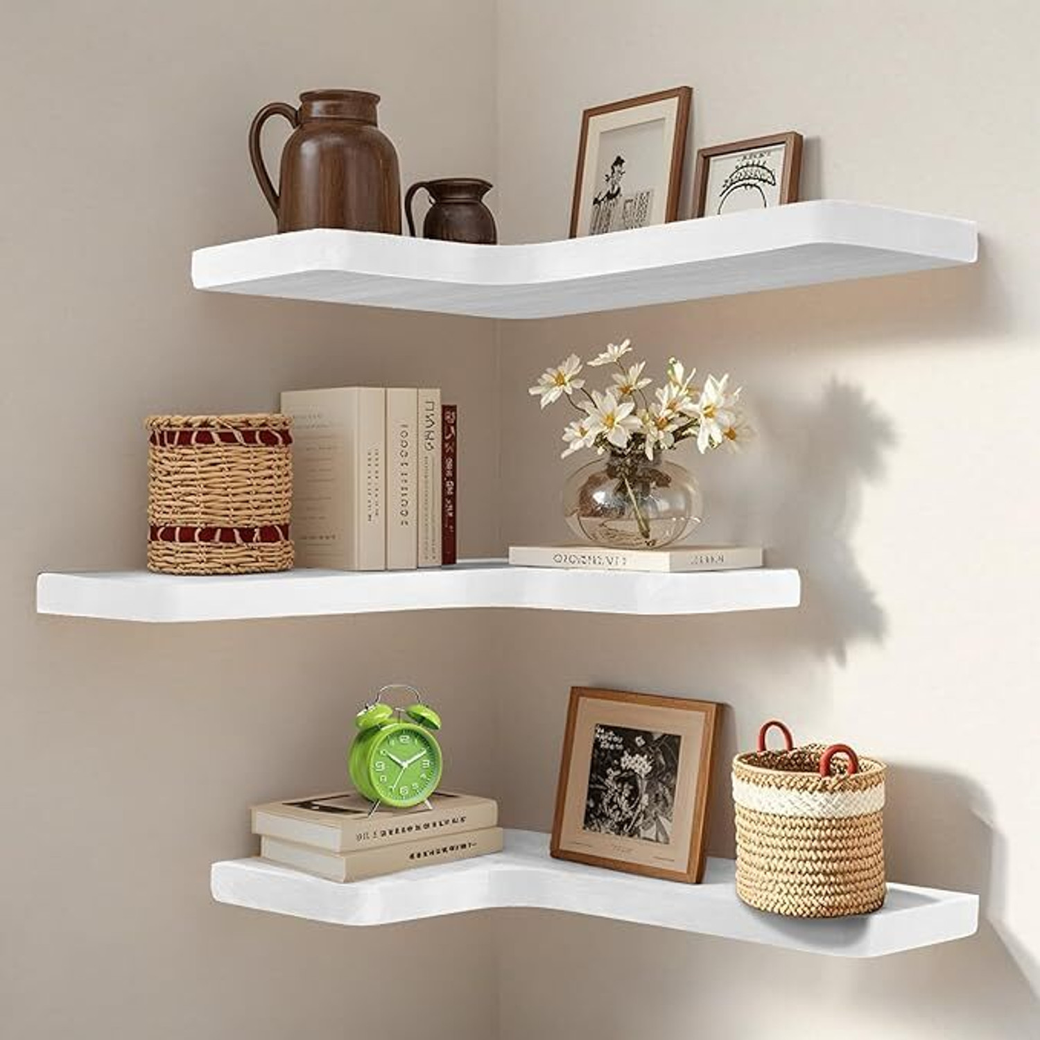Image of Hawari enterprises Set Of 3 Wooden MDF Wall Shelves L Shaped Corner For Home Decor Wooden Wall Shelf