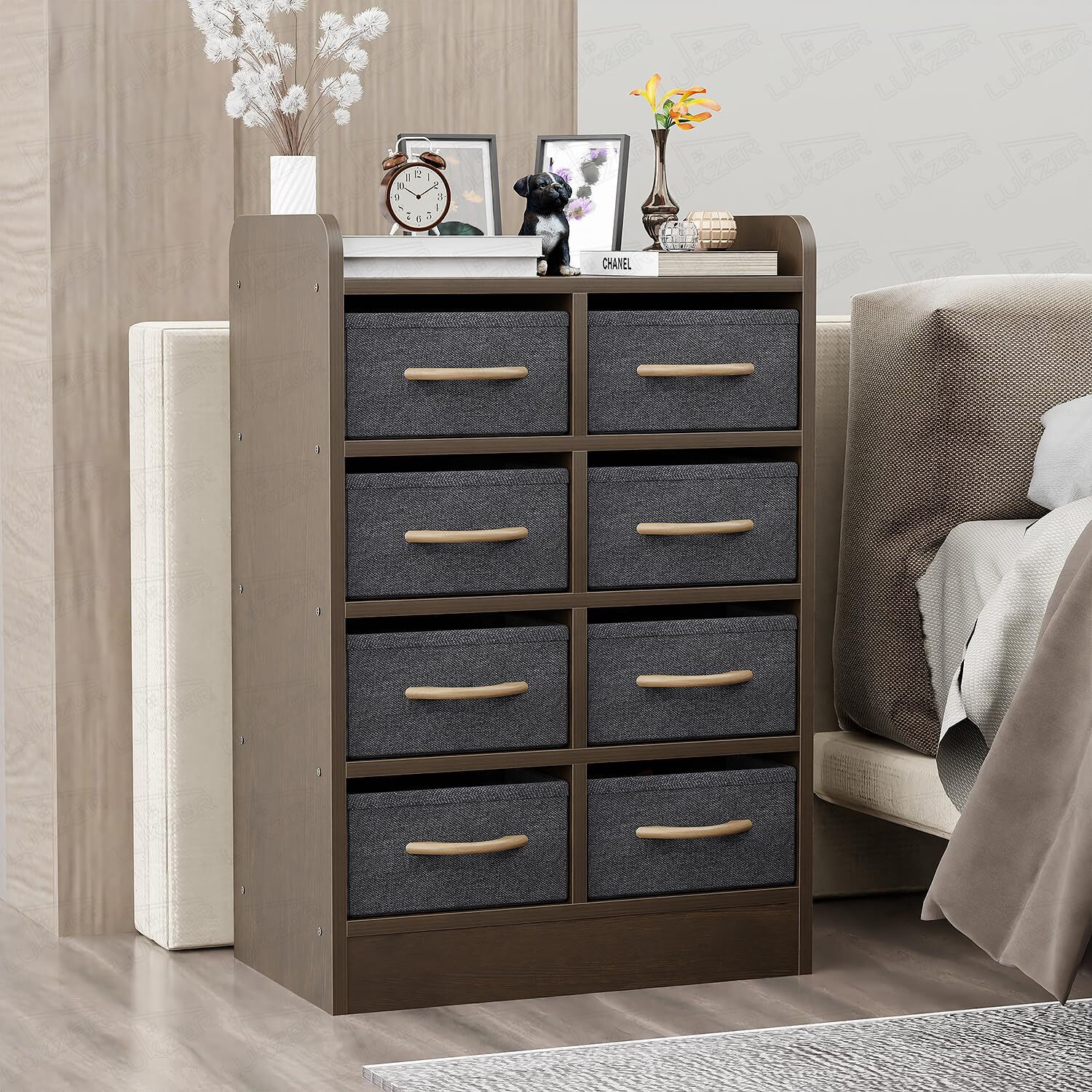 Image of LUKZER 8 Drawer Storage Organizer Cabinet with Fabric Bins (MR-028) Engineered Wood Close Book Shelf