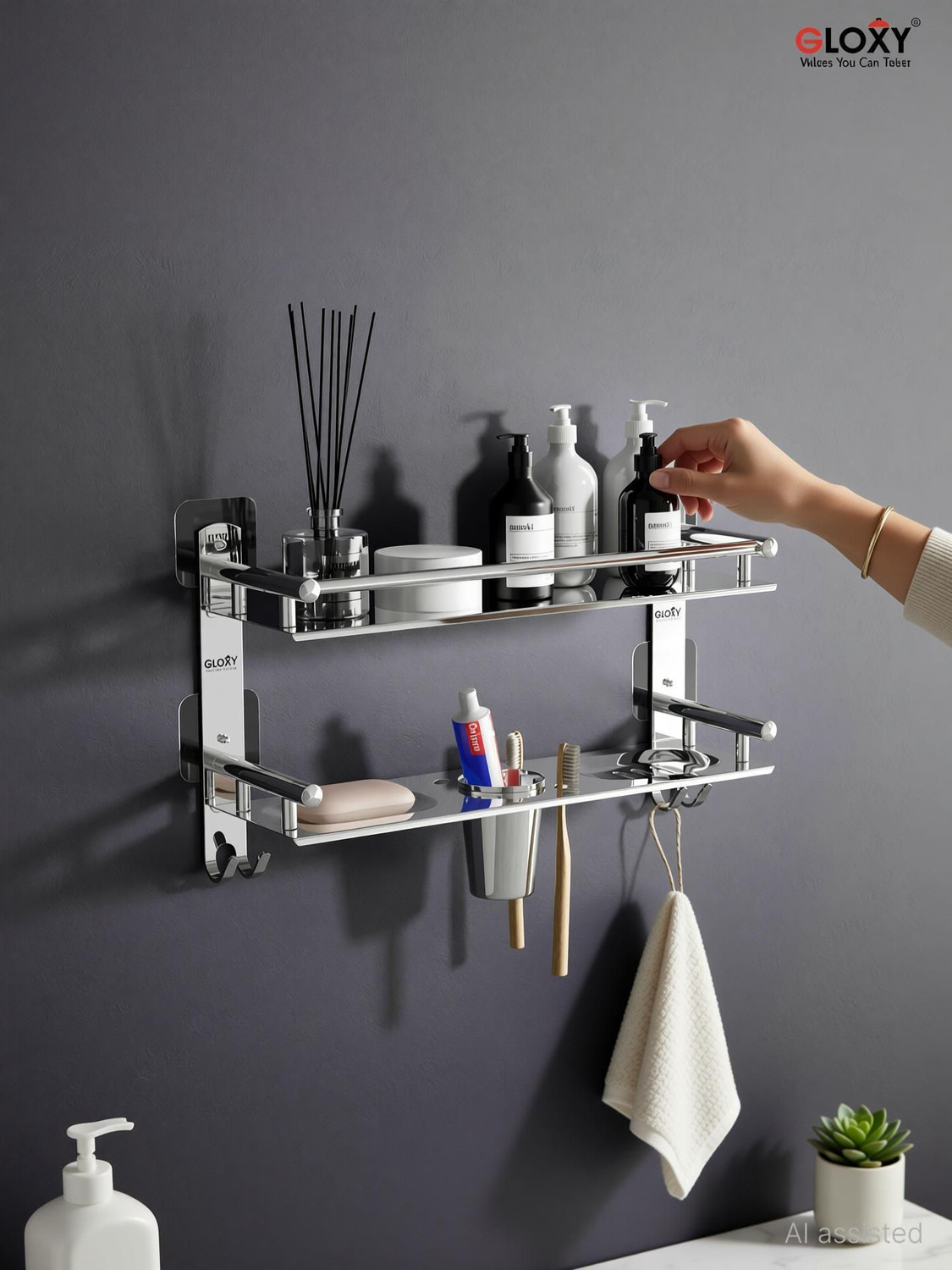 Image of GLOXY 4 in 1 Adhesive Stickers Bathroom Shelf with Soap Dish & Toothbrush Holder Stainless Steel Wall Shelf