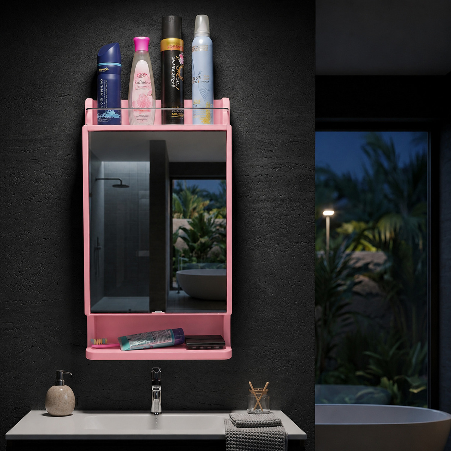 Image of CIPLA PLAST Rich Look Bathroom Cabinet | Mirror with Shelf | 4 Shelves Storage | PINK Plastic, Glass Wall Shelf