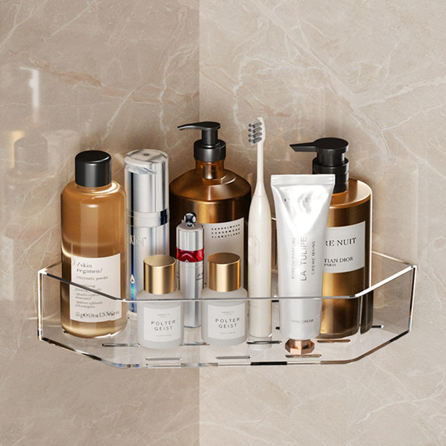 Image of ESSPY No-Drill Triangle Corner Shelf , Wall-Mounted Plastic Storage Organization Plastic Wall Shelf