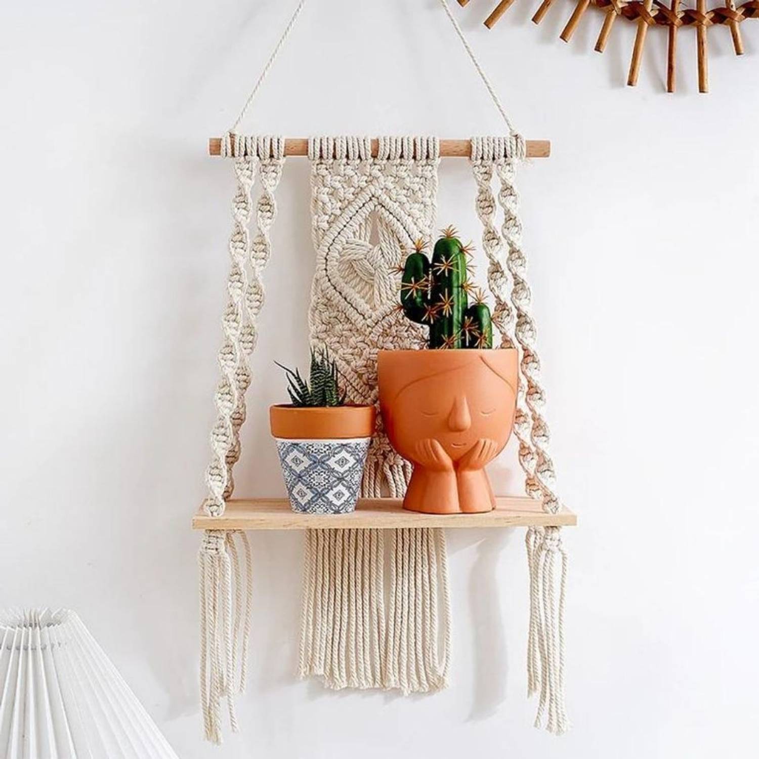 ASIF HAND EMBROIDERY Handmade Woven Floating Macrame Wall Hanging Shelf Wood Floating Hanging Wooden Wall Shelf
