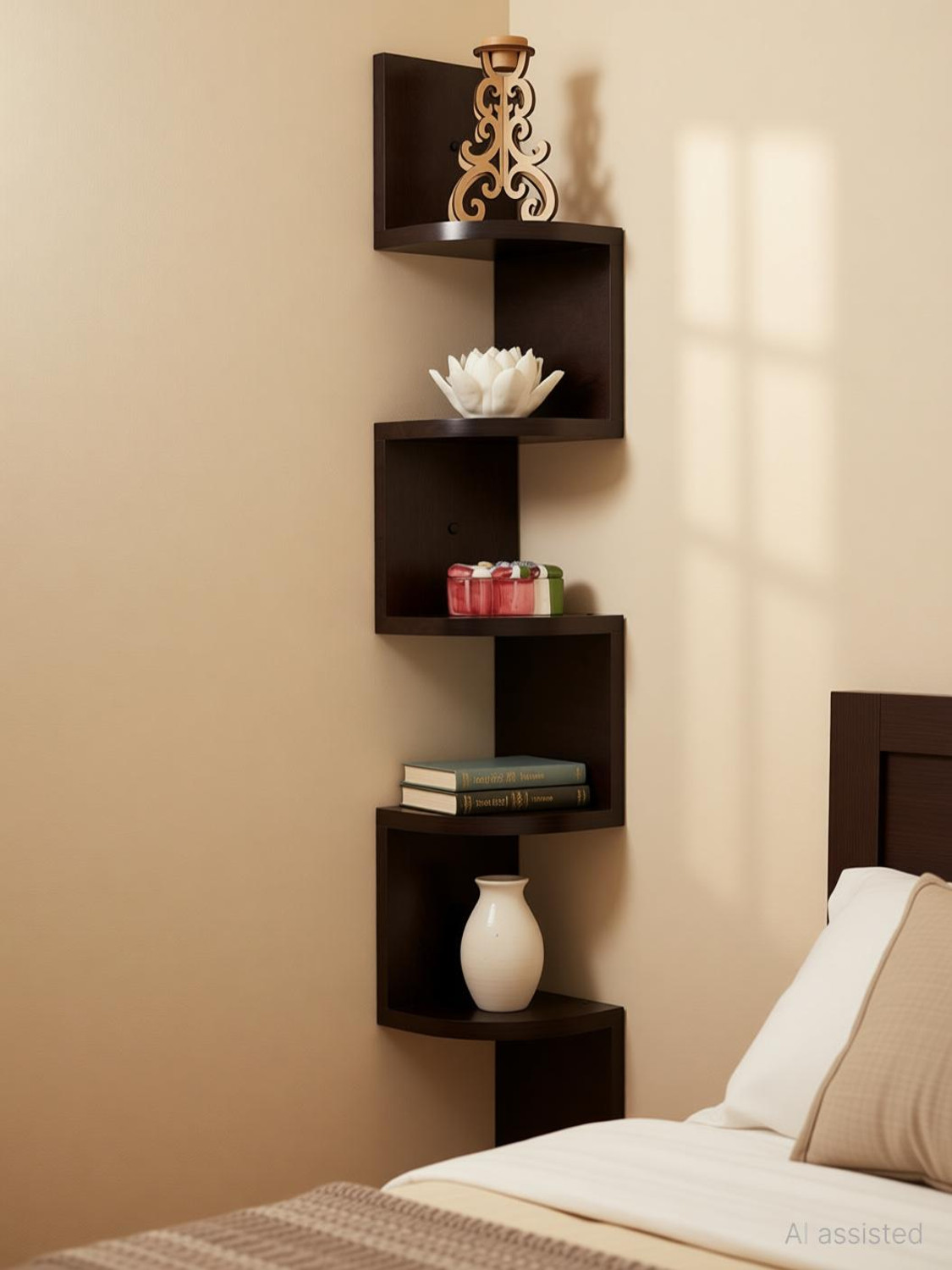 Image of iessential Zigzag Shape Corner Zigzag Corner Wall Mount Shelf 100% Good for Home Decorative Wooden Wall Shelf