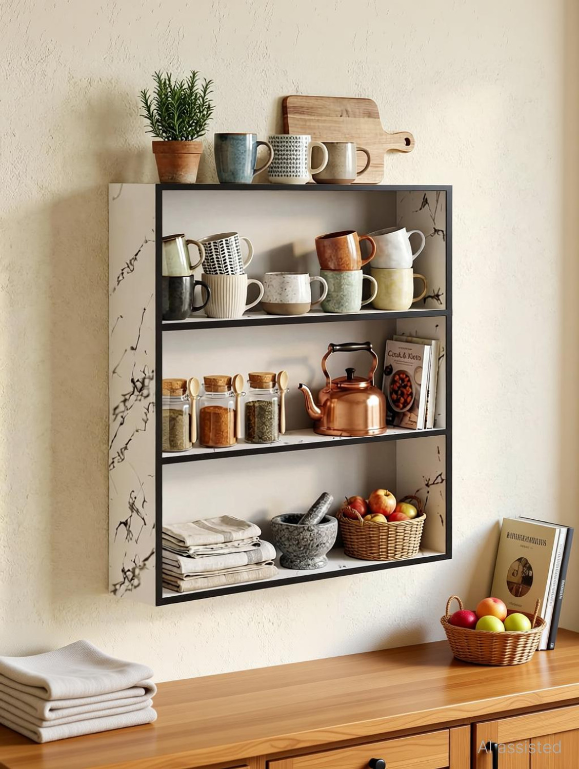 Image of NIVANYA Elegant White Marble Kitchen Organizer Shelf Wooden Wall Shelf