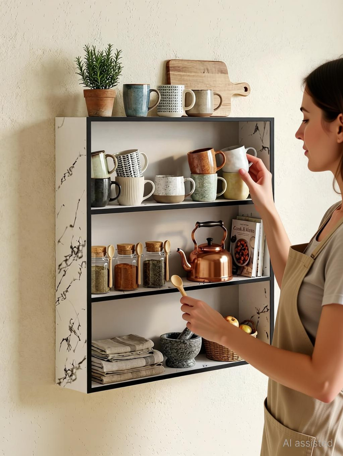 Image of NIVANYA Elegant White Marble Kitchen Organizer Shelf Wooden Wall Shelf