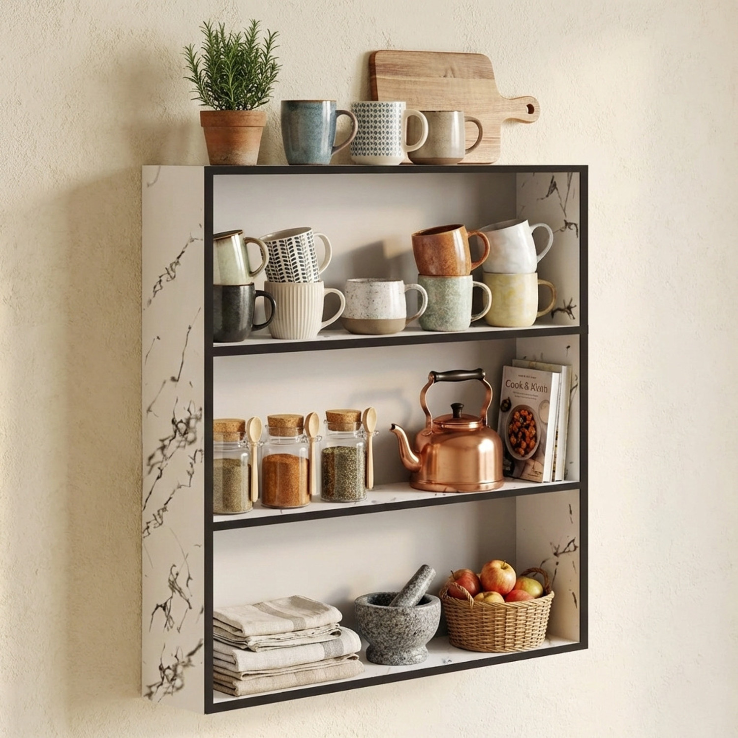 Image of NIVANYA Elegant White Marble Kitchen Organizer Shelf Wooden Wall Shelf