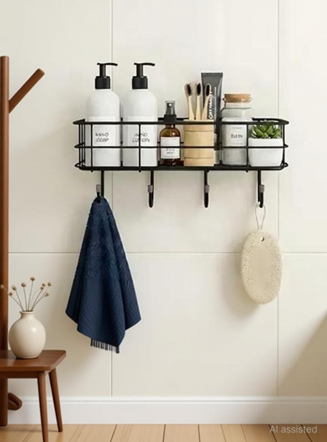 Image of JANAKI SHOP 4 hook rack for bathroom Wooden Wall Shelf