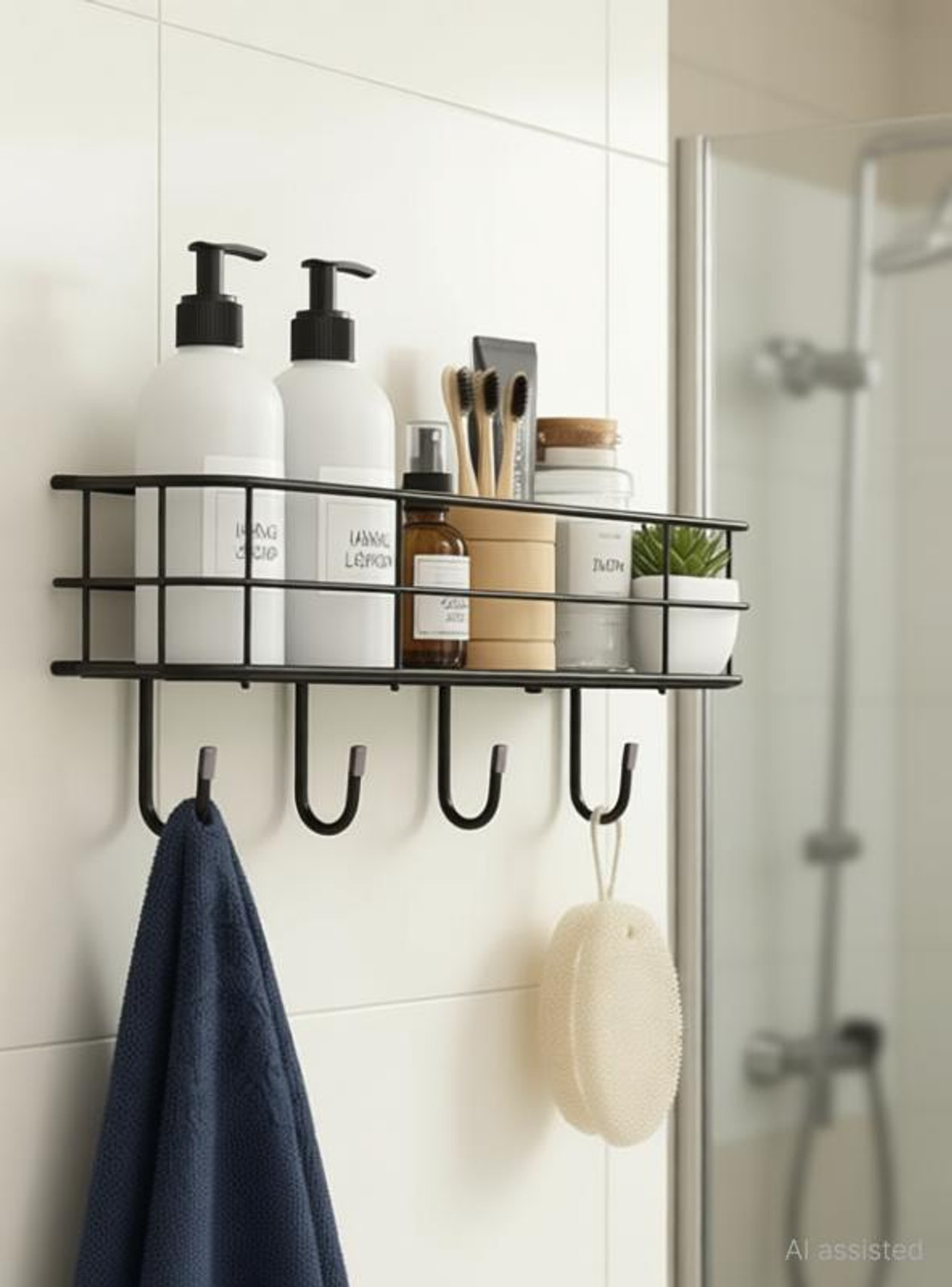 Image of JANAKI SHOP 4 hook rack for bathroom Wooden Wall Shelf
