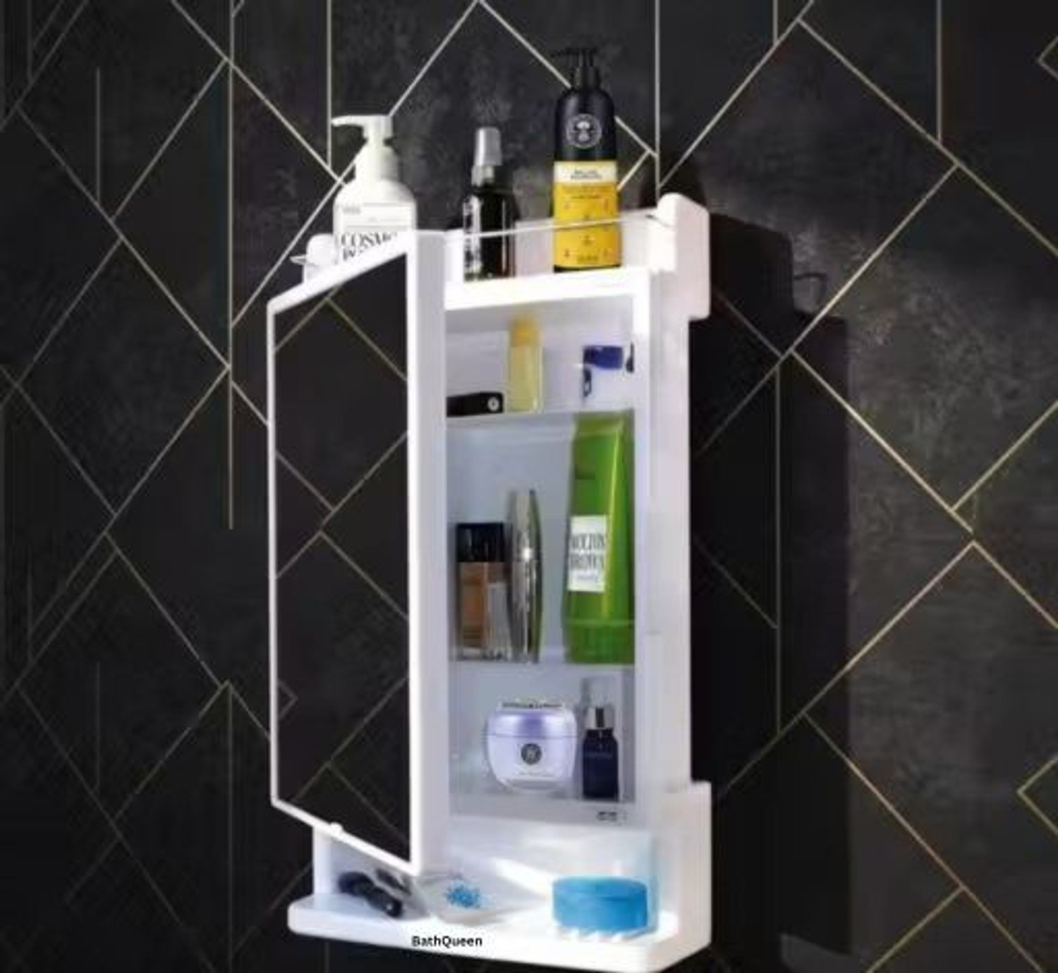 Image of Bath Queen Best Heavy Plastic Mirror Cabinet White Acrylic Wall Shelf