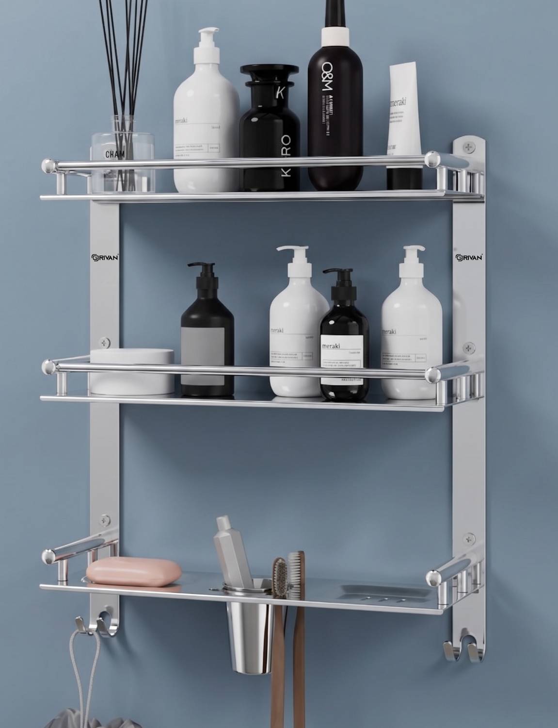 GRIVAN 3 Layer SS Multi-use Rack with Double Soap dish And Tumble