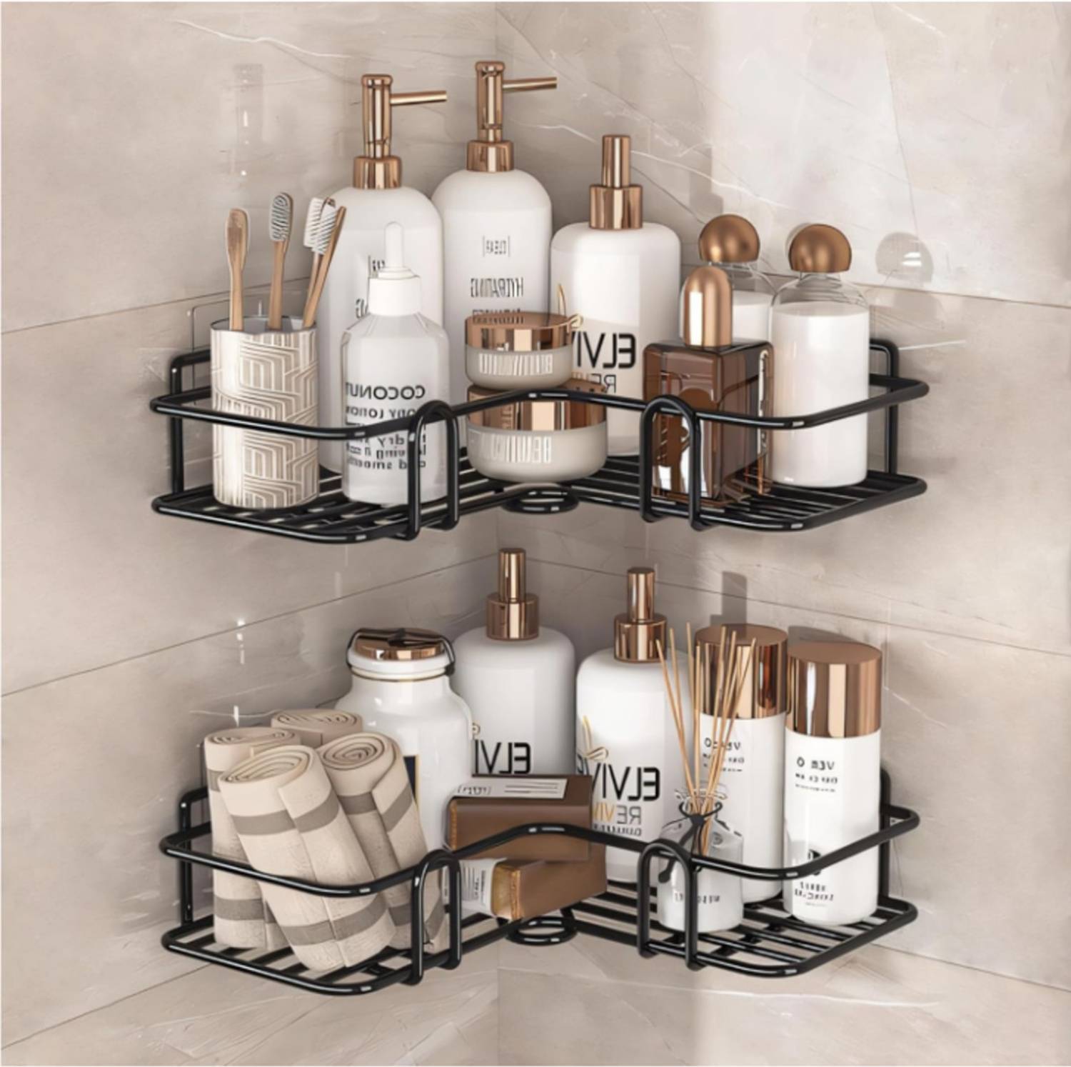ALMORA No Drill bathroom storage Corner Rack/Shelf Self adhesive, Rust Proof,wall mount Iron Wall Shelf