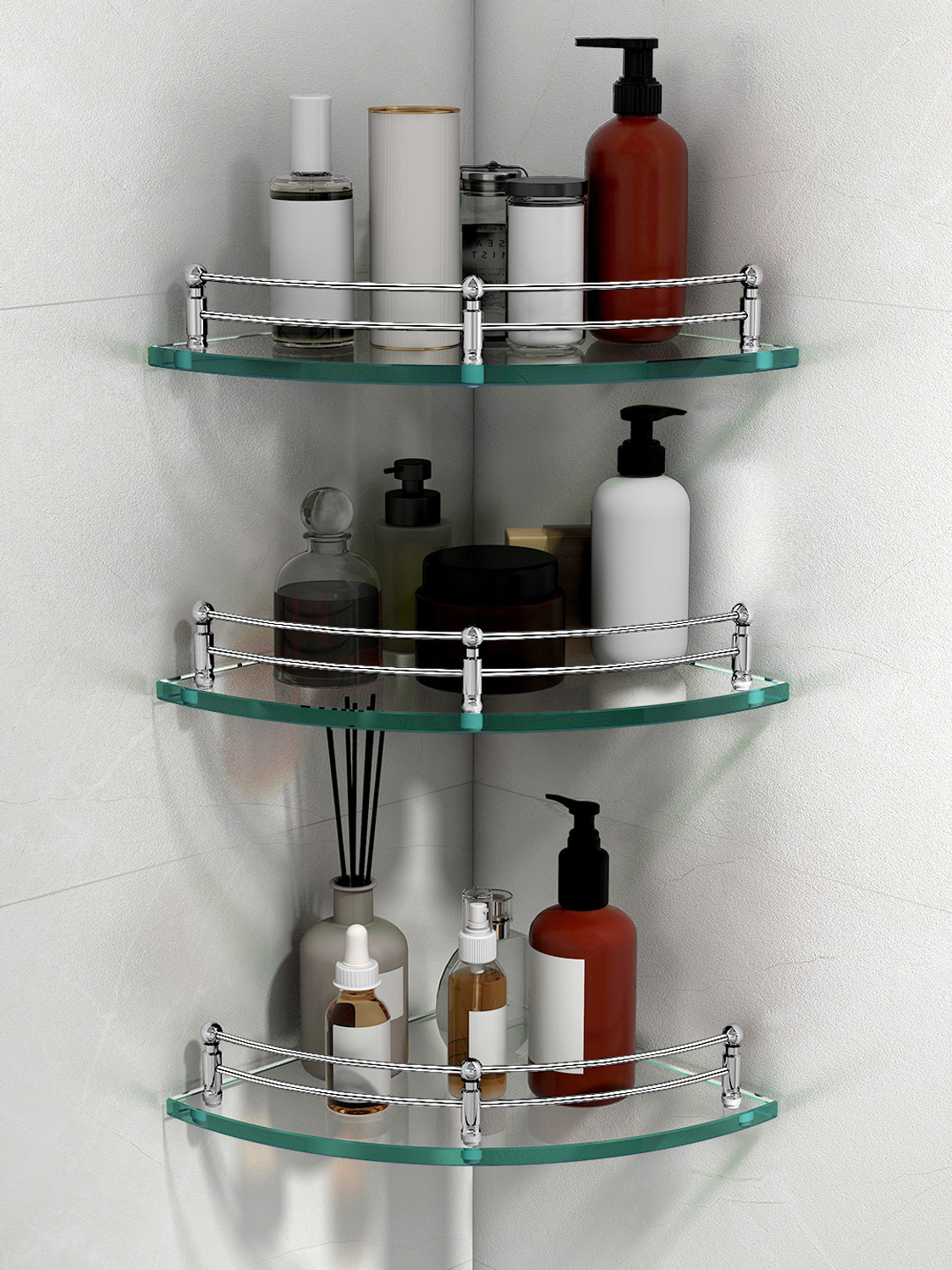 Image of Plantex Premium Transparent Glass Corner Shelf for Bathroom /Wall Shelf /Storage Shelf(9x9 Inches-Pack of 3) Glass Wall Shelf