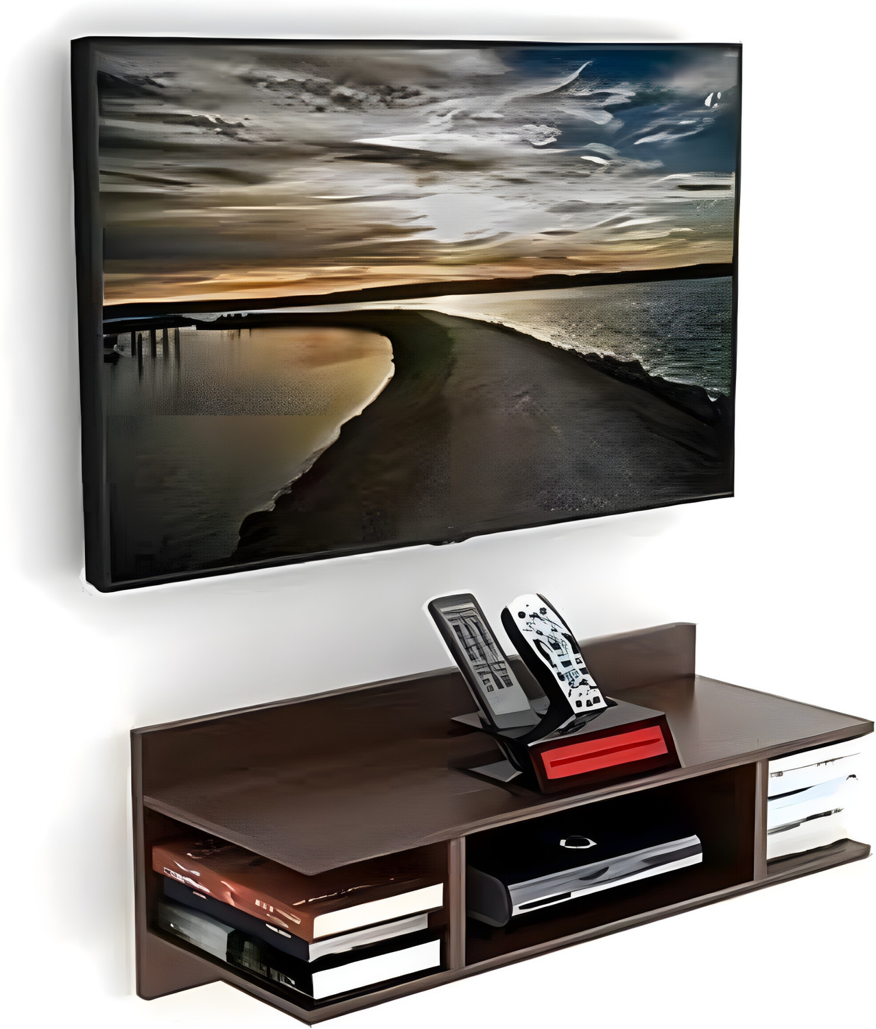 Image of Classic Handicraft TV Setup Box Stand /TV Set UP Box Holder /TV Remote Holder WiFi Router, Wooden Wall Shelf (Number of Shelves - 4, Brown)