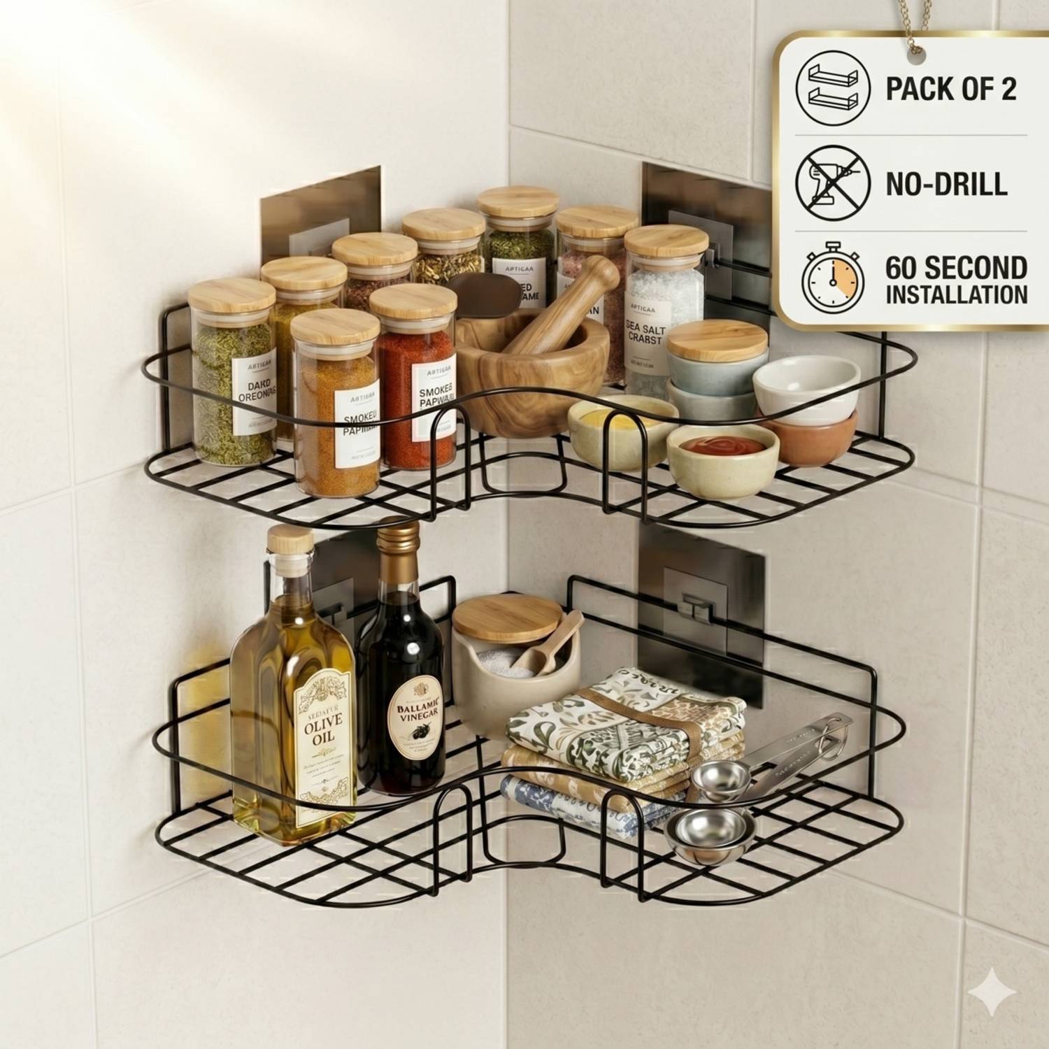 ALMORA Bathroom Corner Storage Shelf No Drill Wall Mount Rack Iron Wall Shelf