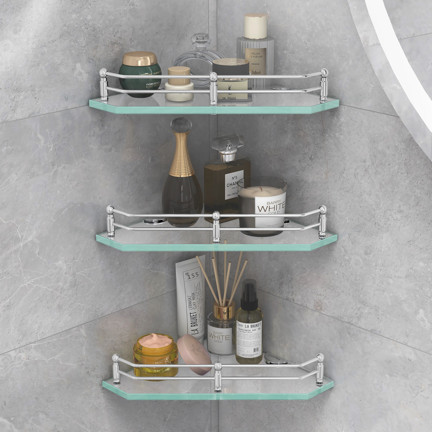Image of Plantex Premium Diamond Transparent Glass Corner Shelf for Bathroom /Bathroom Accessories(9x9 Inches) Glass Wall Shelf
