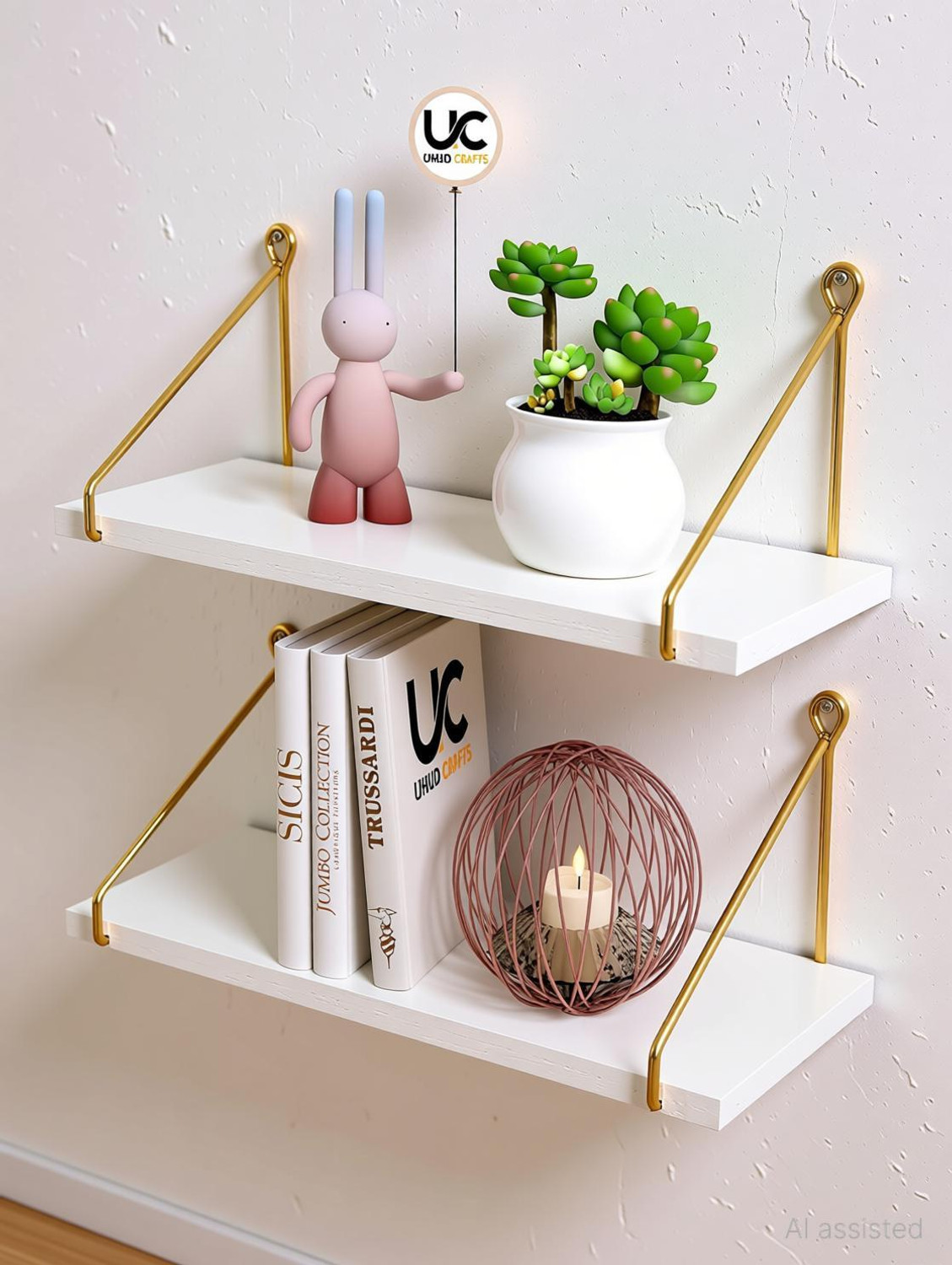 Image of UHUD CRAFTS Wall Shelf for Living Room, Wall Mounted Shelves, Home Decor Items for Bedroom, Wooden Wall Shelf