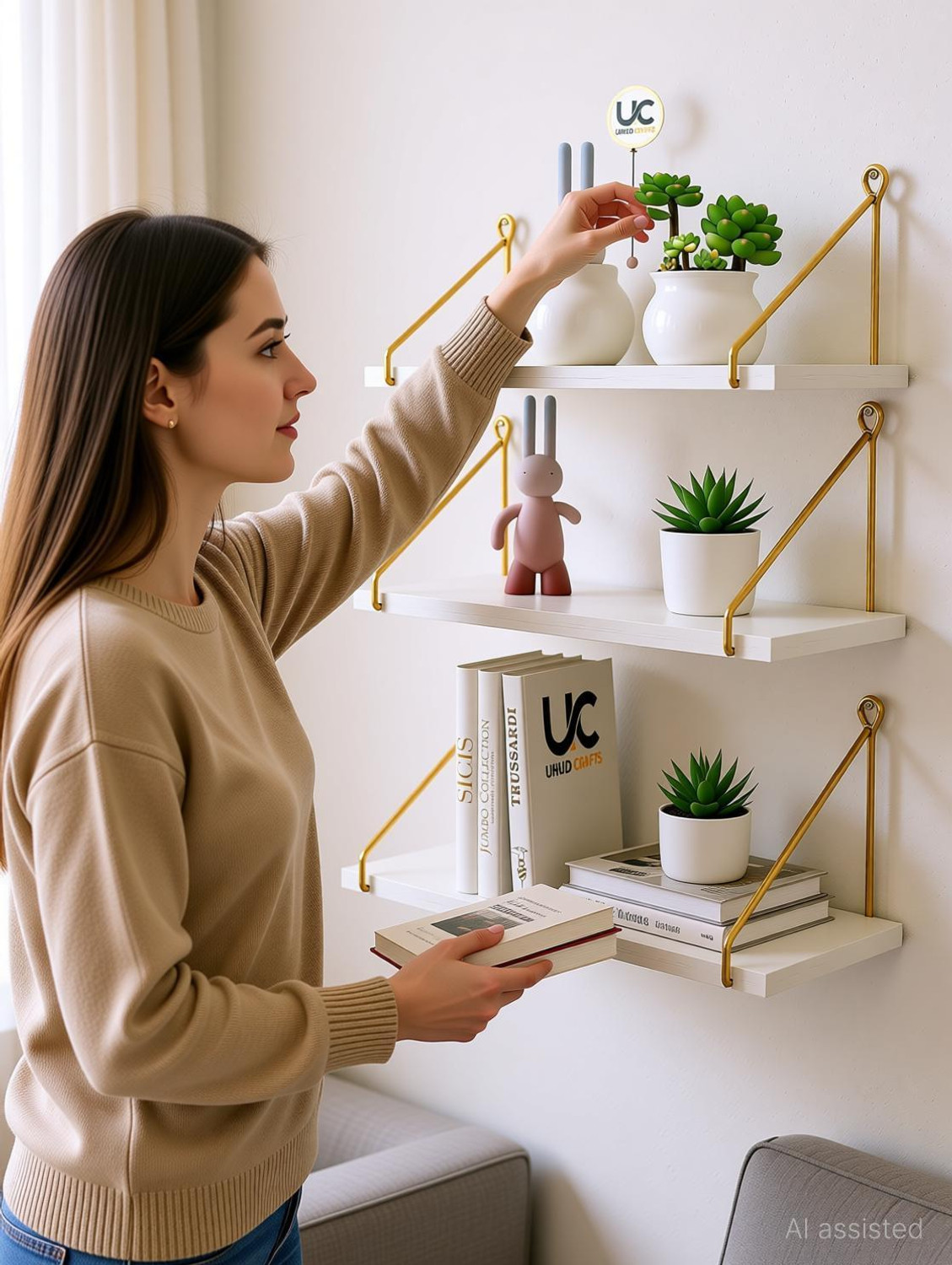 Image of UHUD CRAFTS Wall Shelf for Living Room, Wall Mounted Shelves, Home Decor Items for Bedroom, Wooden Wall Shelf