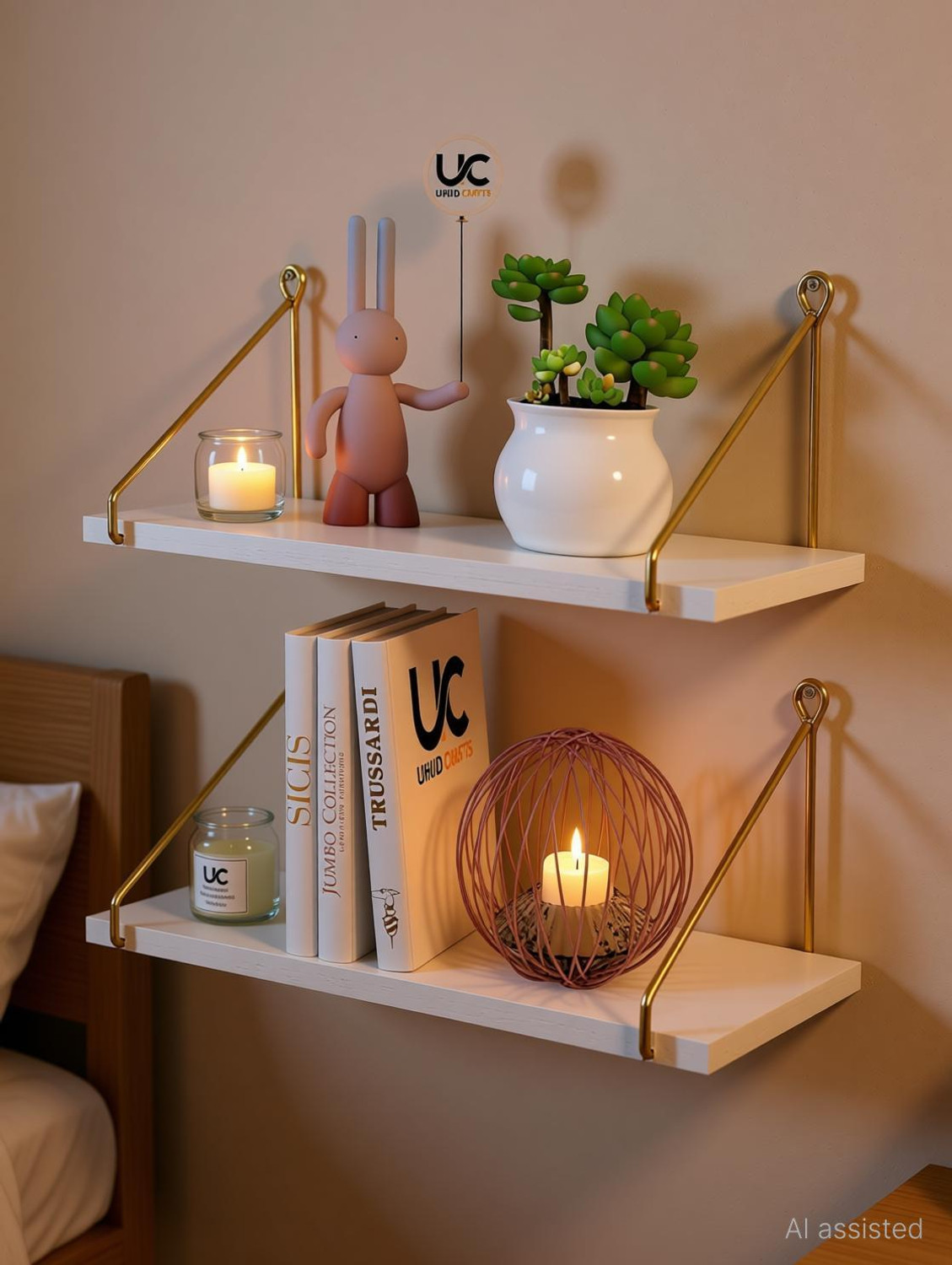 Image of UHUD CRAFTS Wall Shelf for Living Room, Wall Mounted Shelves, Home Decor Items for Bedroom, Wooden Wall Shelf