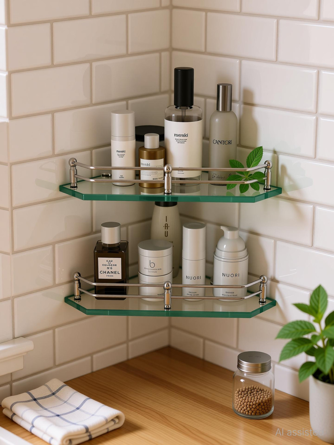 Image of Plantex Premium Diamond Glass Corner Shelf for Bathroom /Kitchen Shelf /Bathroom Accessories(9x9 Inches) Glass Wall Shelf