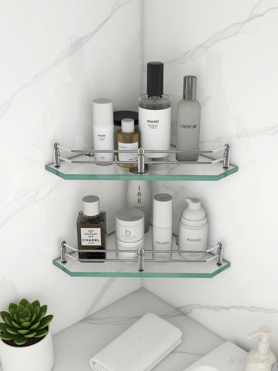 Image of Plantex Premium Diamond Glass Corner Shelf for Bathroom /Kitchen Shelf /Bathroom Accessories(9x9 Inches) Glass Wall Shelf