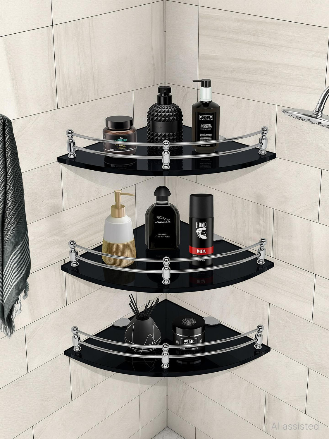 Image of CHEAPER SHOP Glass Corner Shelf Bathroom Shelf and Kitchen Shelf Bathroom Accessories Glass Wall Shelf