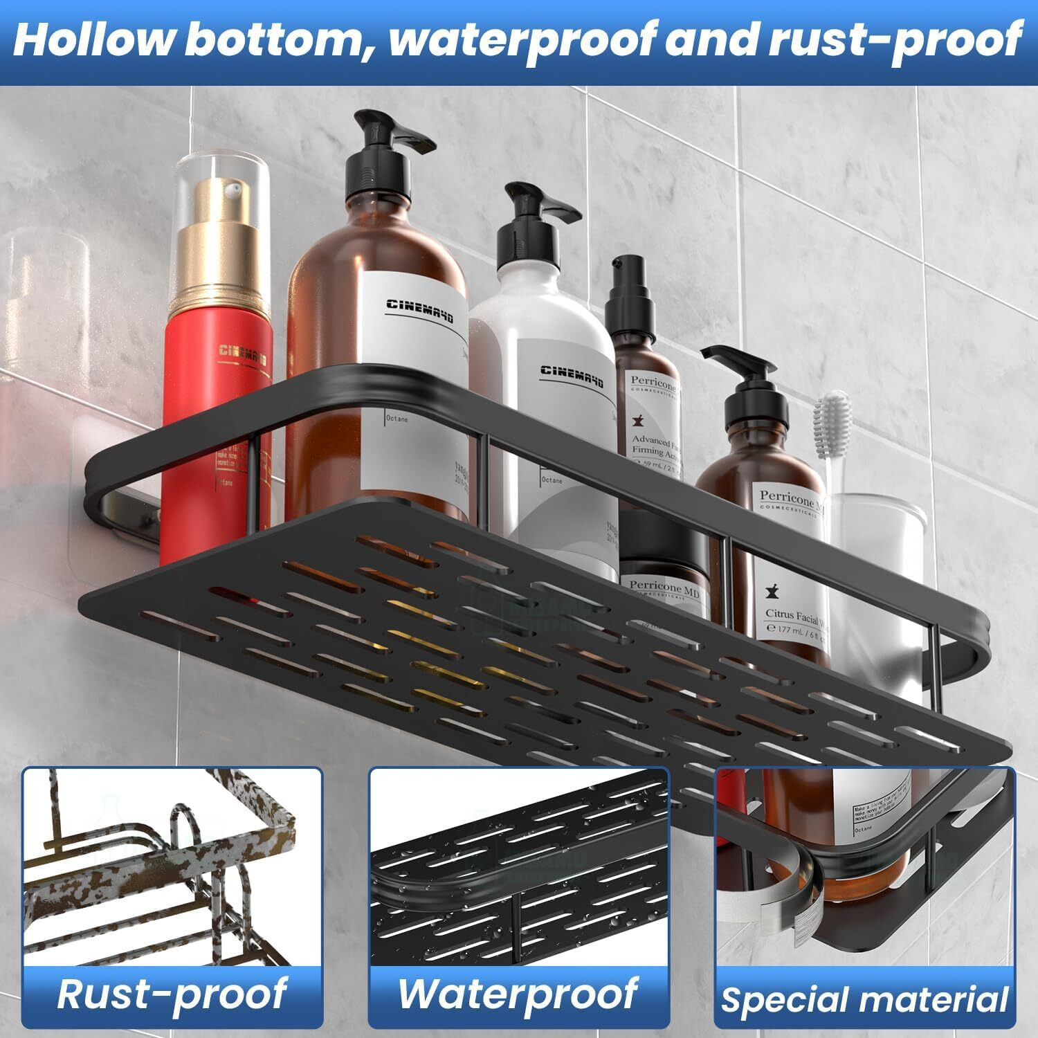 Image of AKOOPAR GLOBAL Bathroom Wall Shelf Organizer 30cm Black Adhesive Storage Rack with Kit (2 Pc) Plastic Wall Shelf