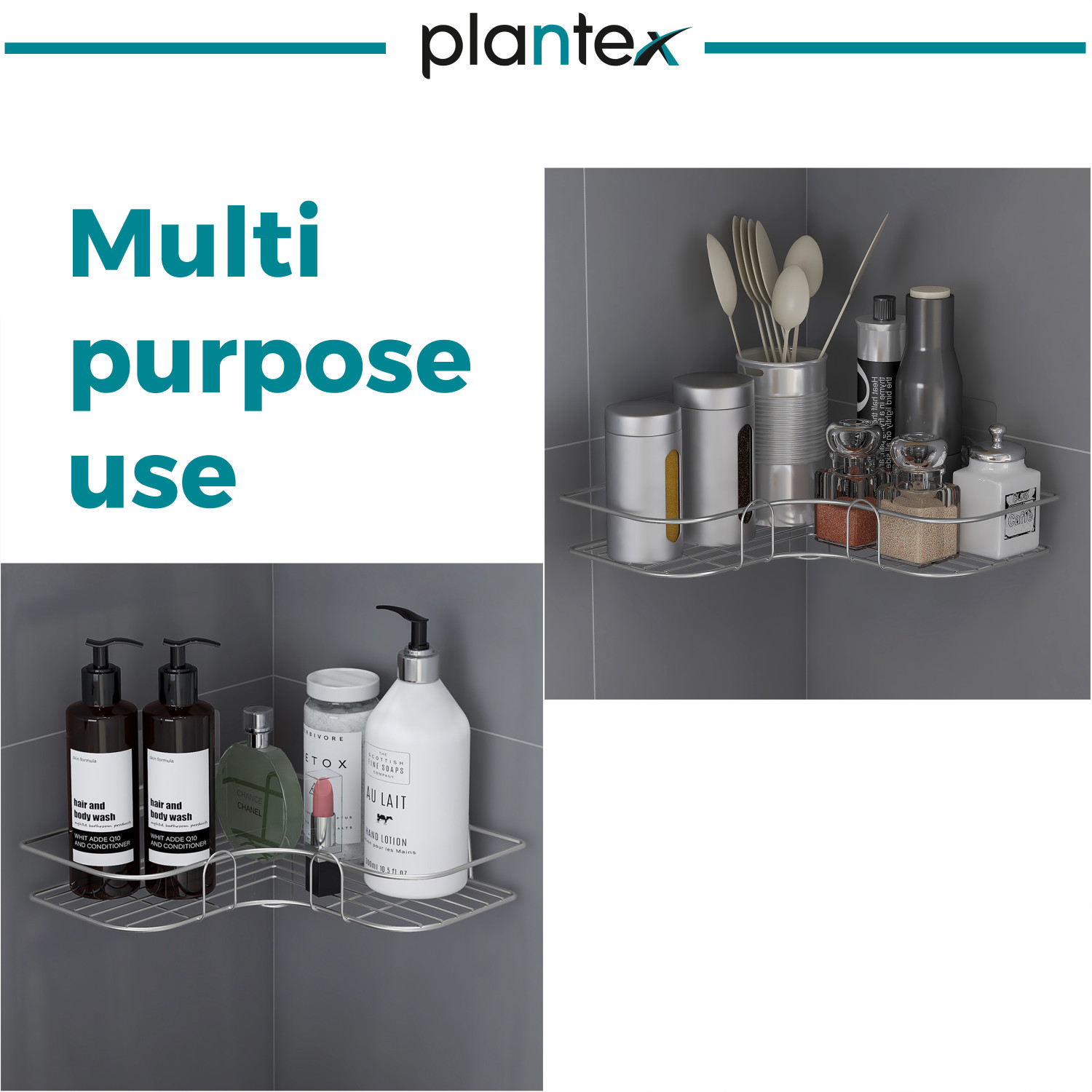 Image of Plantex Self-Adhesive Corner Shelf for Bathroom /Rack Shelf /Without Drill- Pack of 1 Stainless Steel Wall Shelf