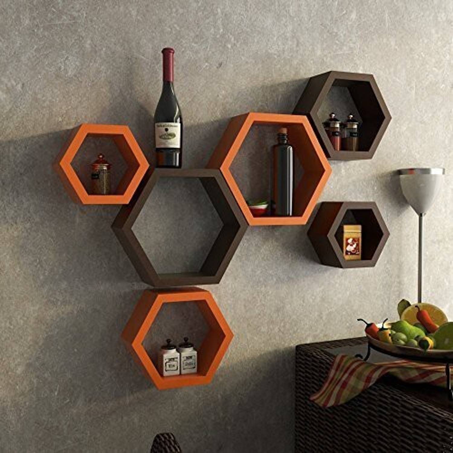 DECORASIA Hexagon Shape Wooden Wall Shelf (Number of Shelves - 6,