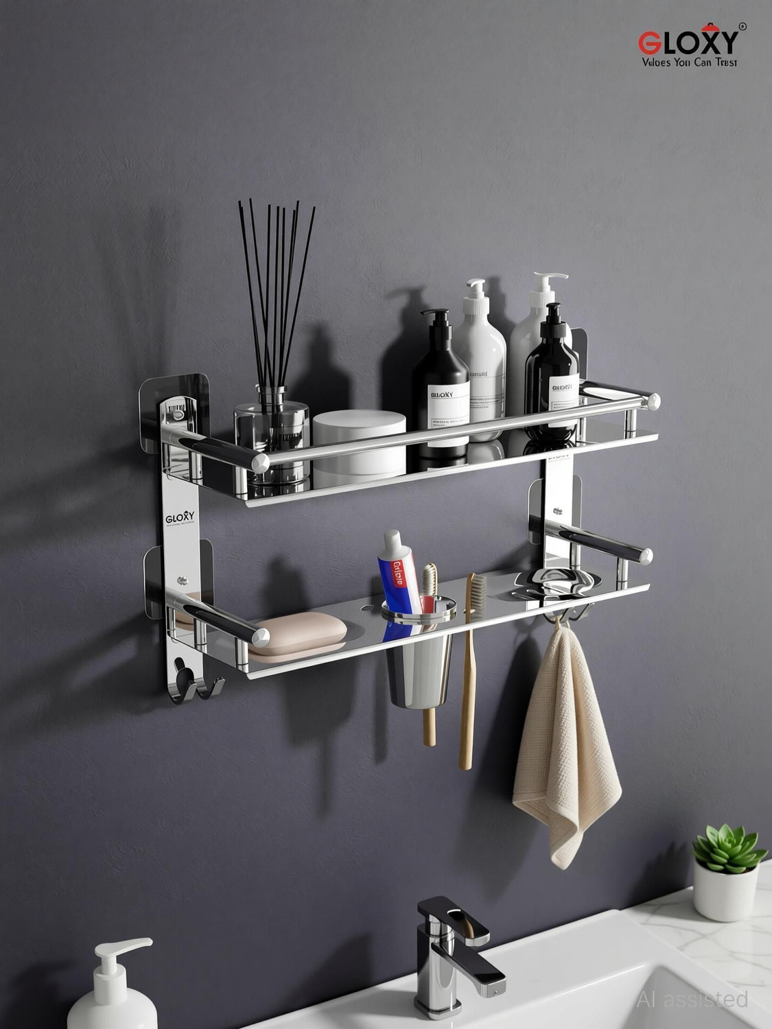 Image of GLOXY 4 in 1 Adhesive Stickers Bathroom Shelf with Soap Dish & Toothbrush Holder Stainless Steel Wall Shelf
