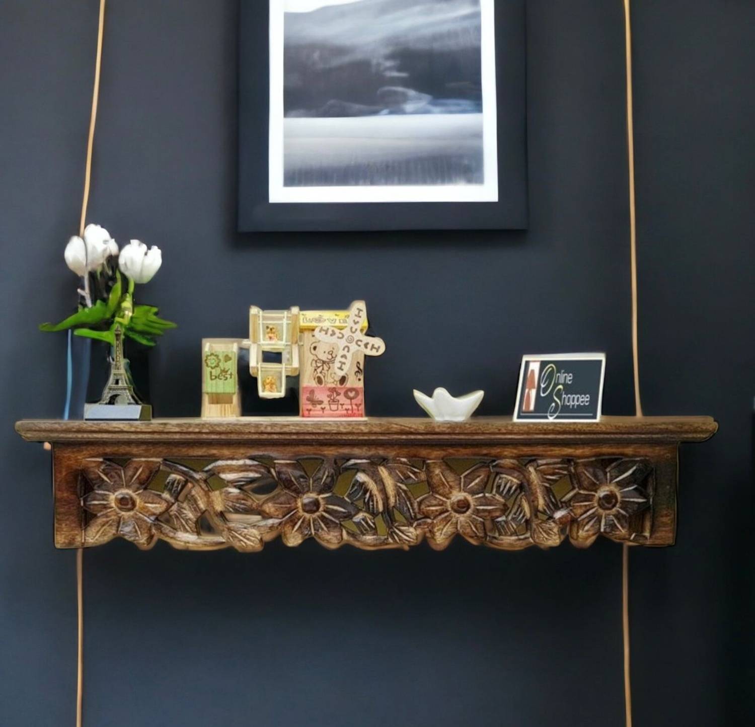 Onlineshoppee Wooden Wall Shelf (Number of Shelves - 1, Black)